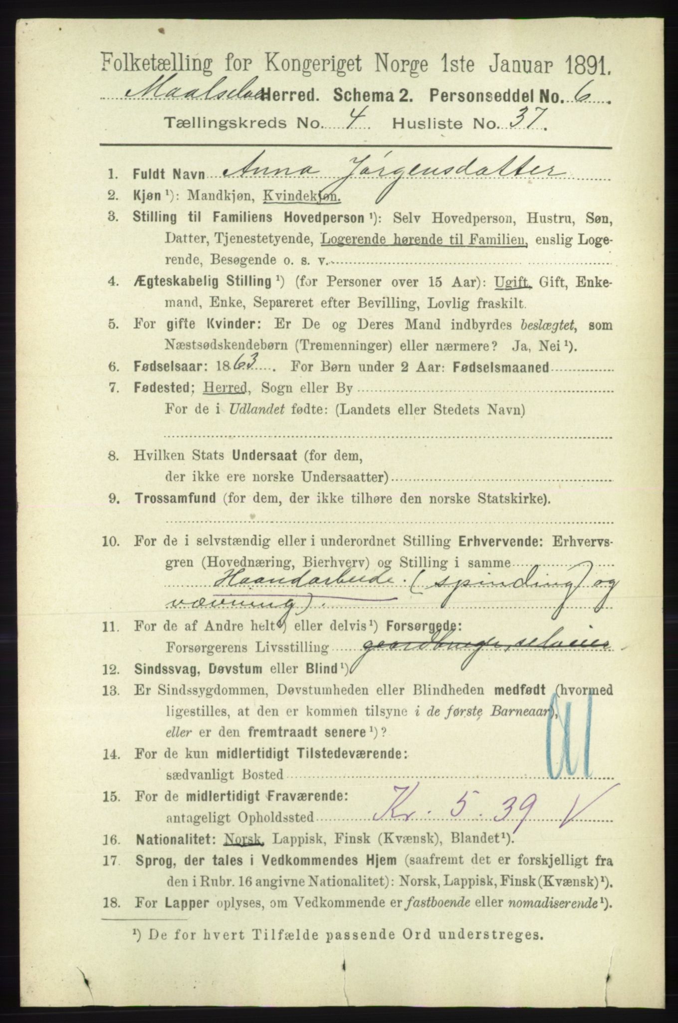 RA, 1891 census for 1924 Målselv, 1891, p. 1369