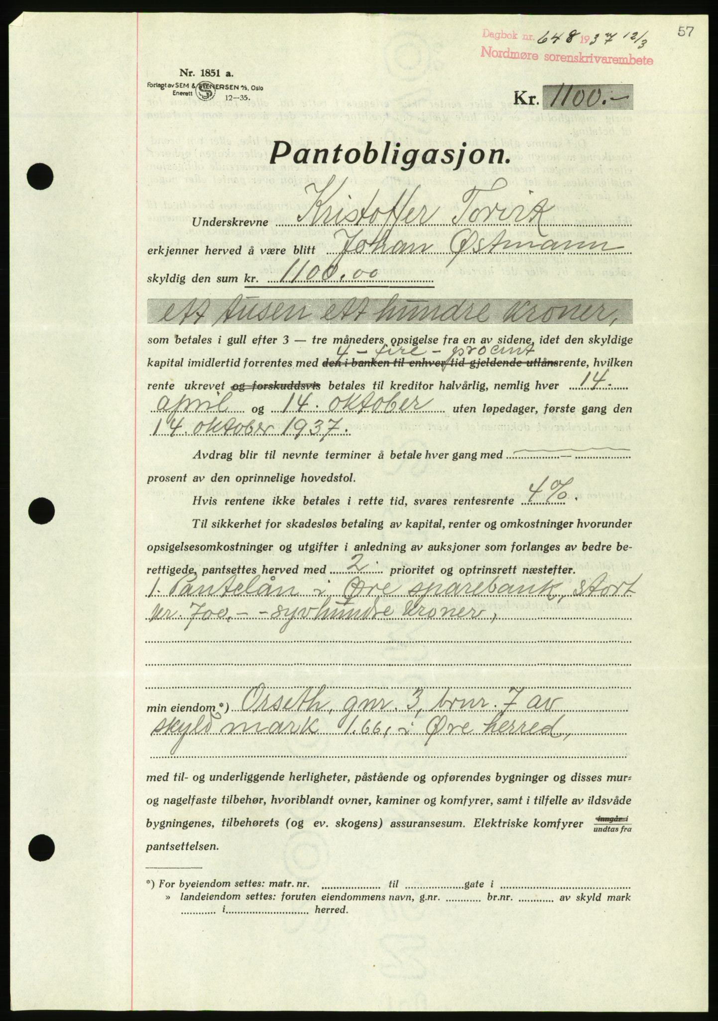 Nordmøre sorenskriveri, AV/SAT-A-4132/1/2/2Ca/L0091: Mortgage book no. B81, 1937-1937, Diary no: : 648/1937