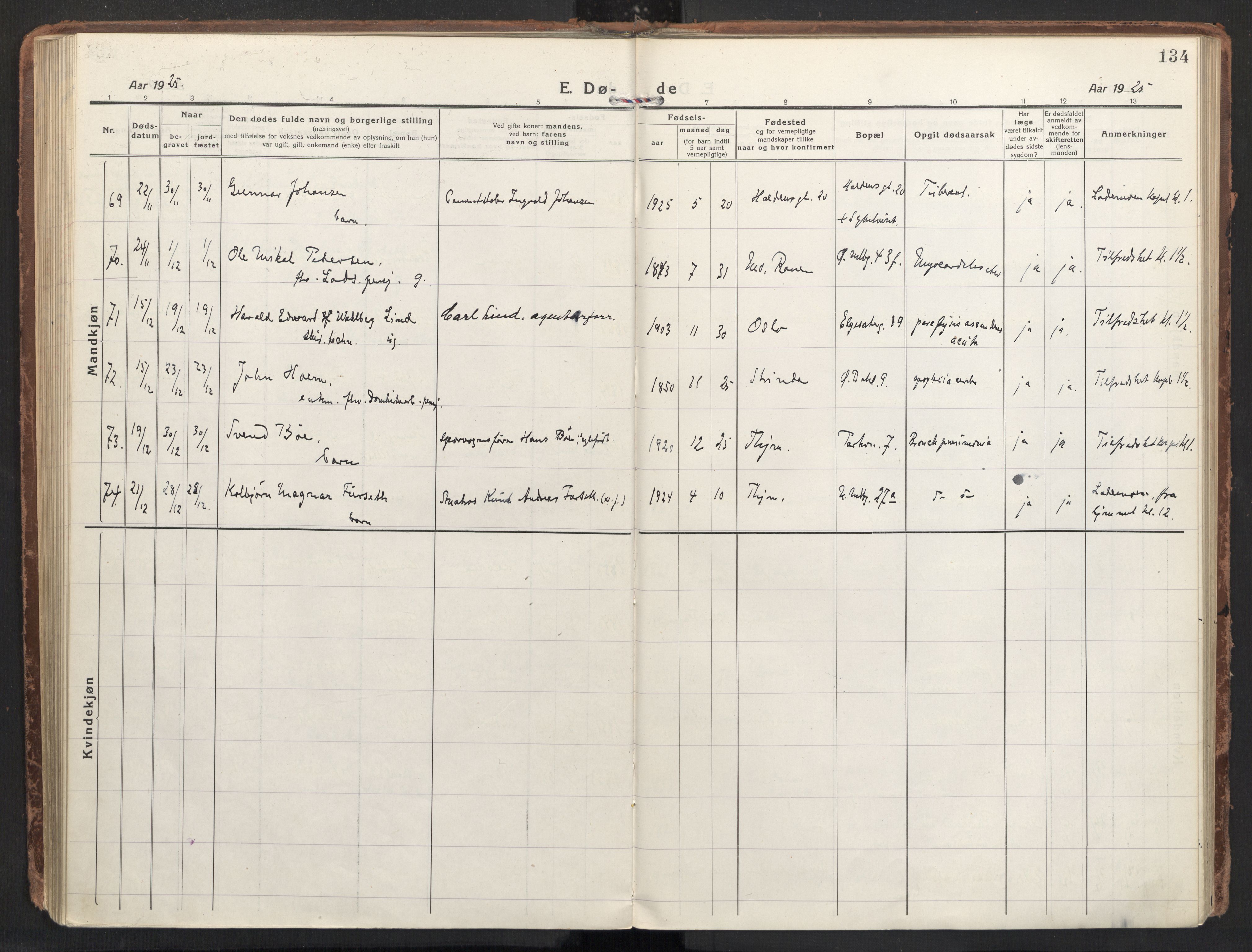 Ministerialprotokoller, klokkerbøker og fødselsregistre - Sør-Trøndelag, AV/SAT-A-1456/604/L0207: Parish register (official) no. 604A27, 1917-1933, p. 134