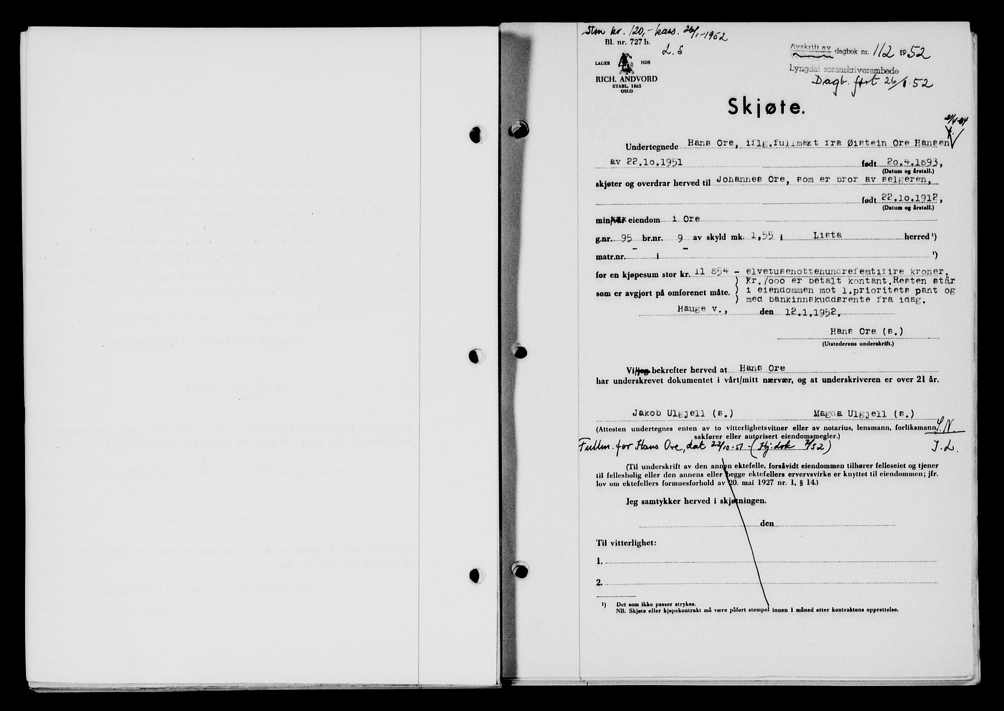 Lyngdal sorenskriveri, AV/SAK-1221-0004/G/Gb/L0667: Mortgage book no. A XIII, 1951-1952, Diary no: : 112/1952