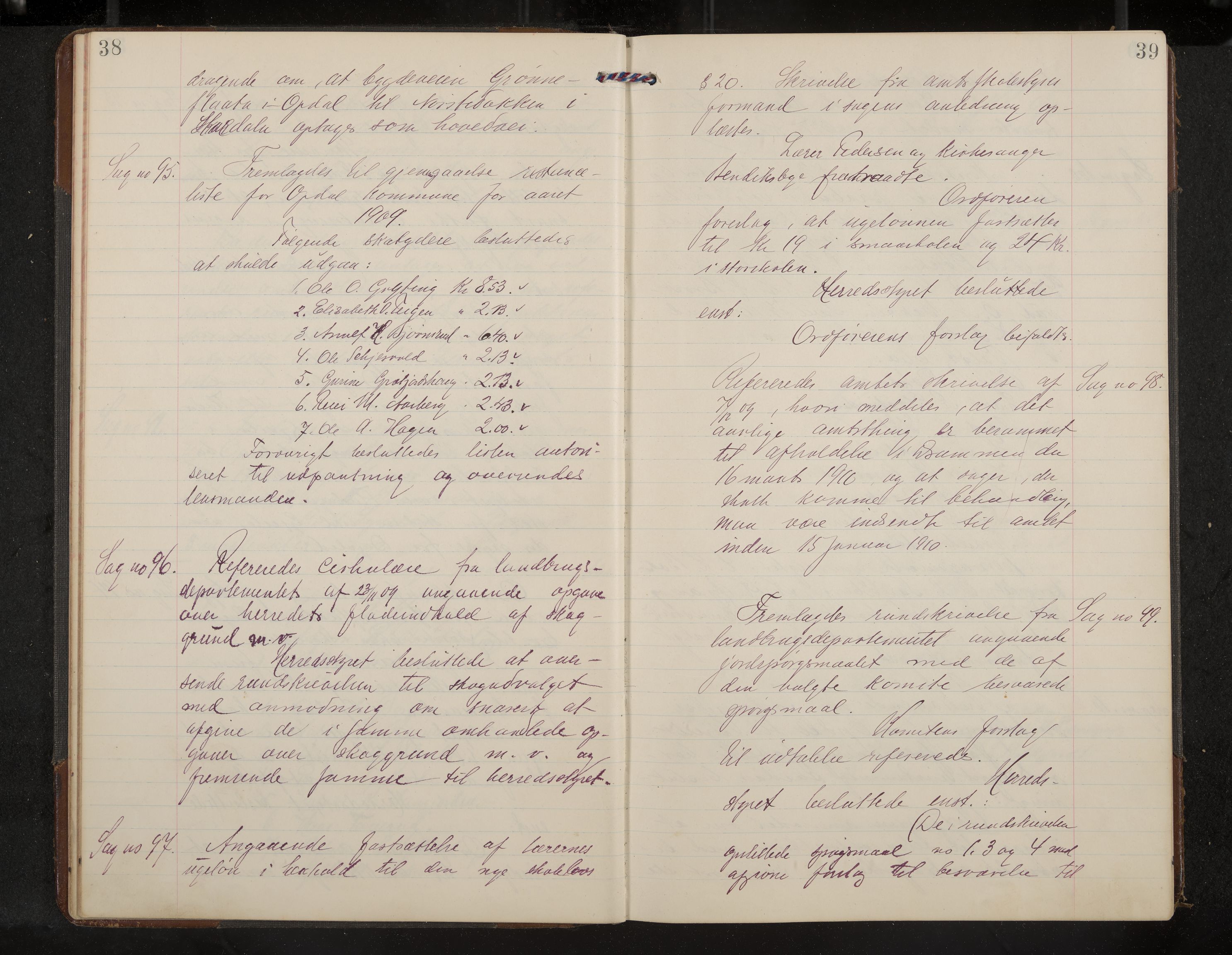 Uvdal formannskap og sentraladministrasjon, IKAK/0634021/A/Aa/L0002: Møtebok, 1909-1915, p. 38-39