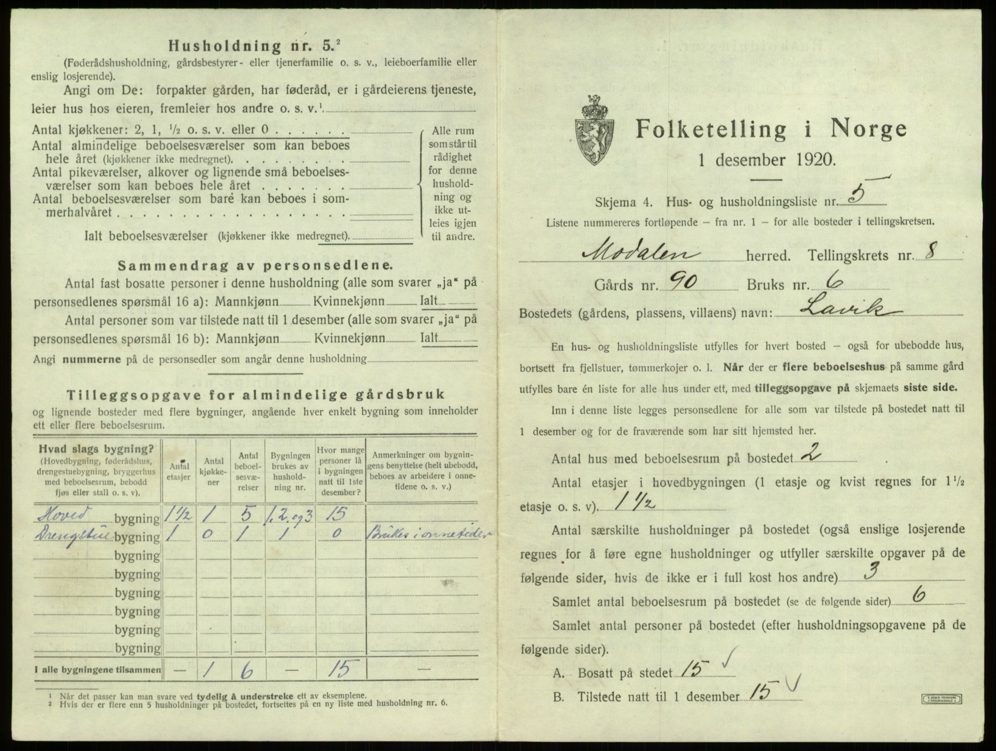 SAB, 1920 census for Modalen, 1920, p. 222