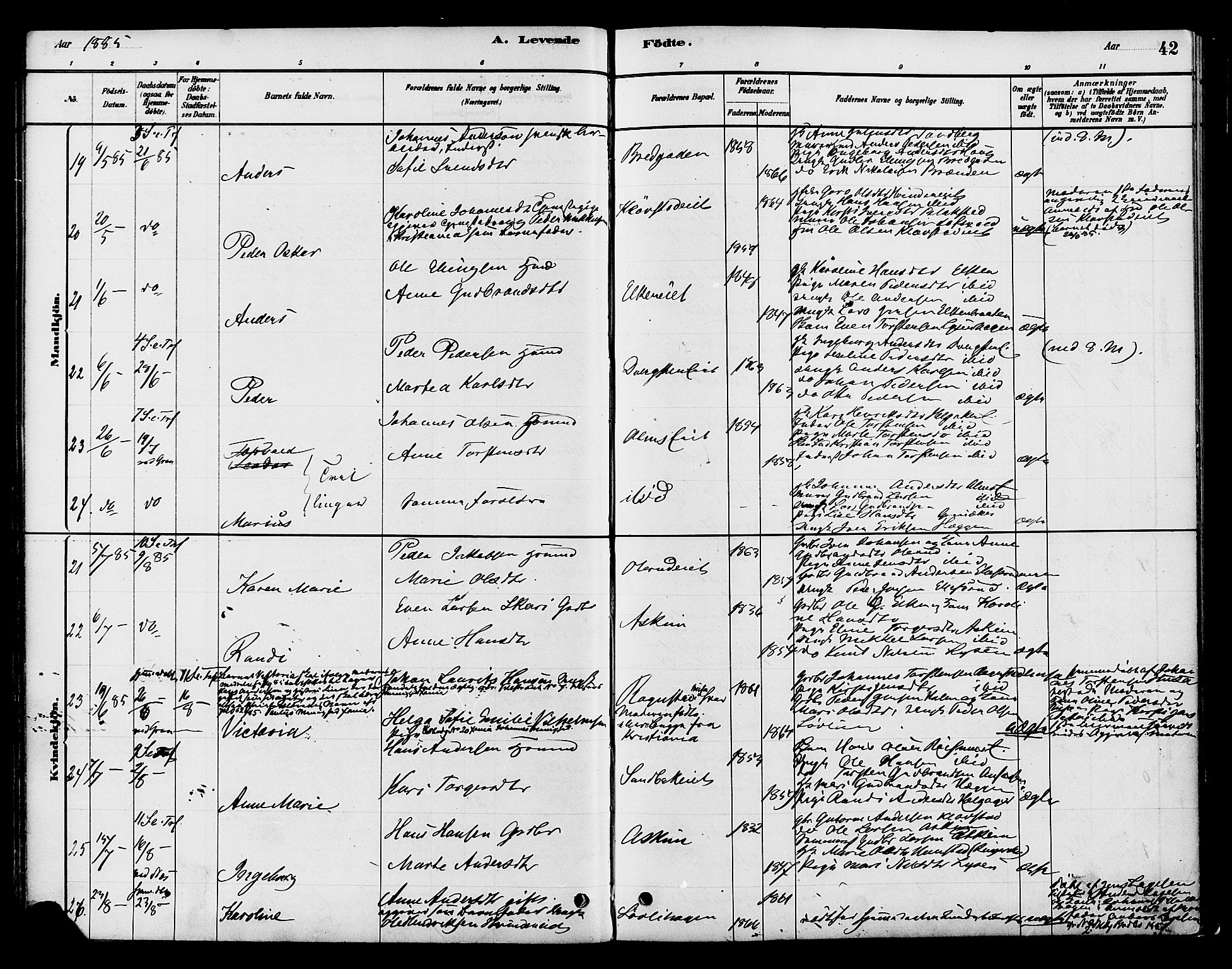 Gran prestekontor, SAH/PREST-112/H/Ha/Haa/L0016: Parish register (official) no. 16, 1880-1888, p. 42