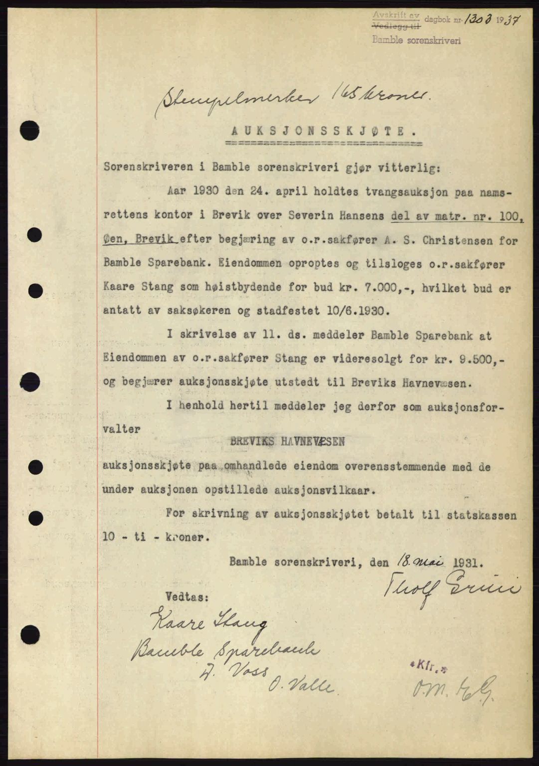 Bamble sorenskriveri, AV/SAKO-A-214/G/Ga/Gag/L0002: Mortgage book no. A-2, 1937-1938, Diary no: : 1303/1937