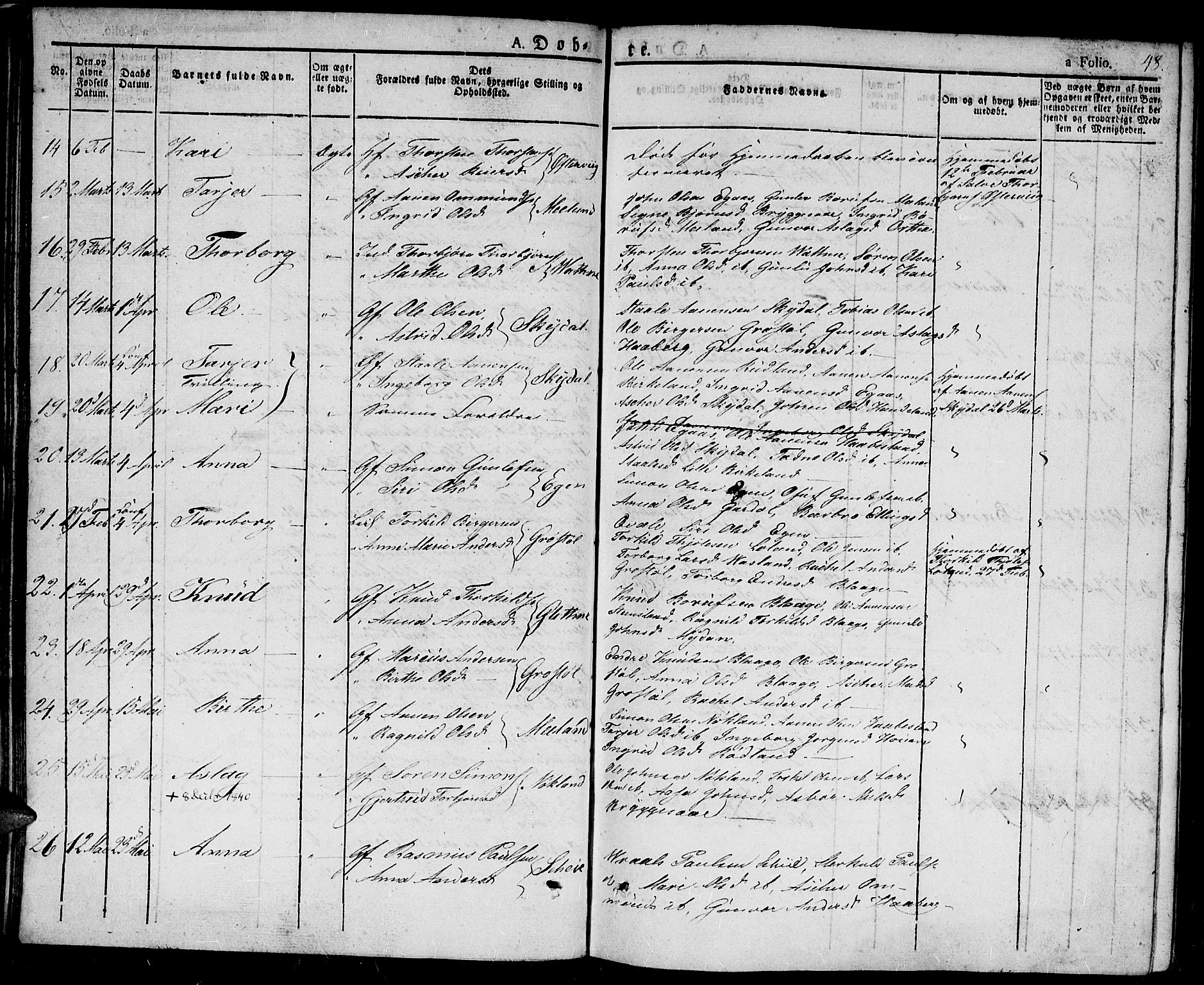 Hægebostad sokneprestkontor, SAK/1111-0024/F/Fa/Fab/L0001: Parish register (official) no. A 1, 1823-1867, p. 48