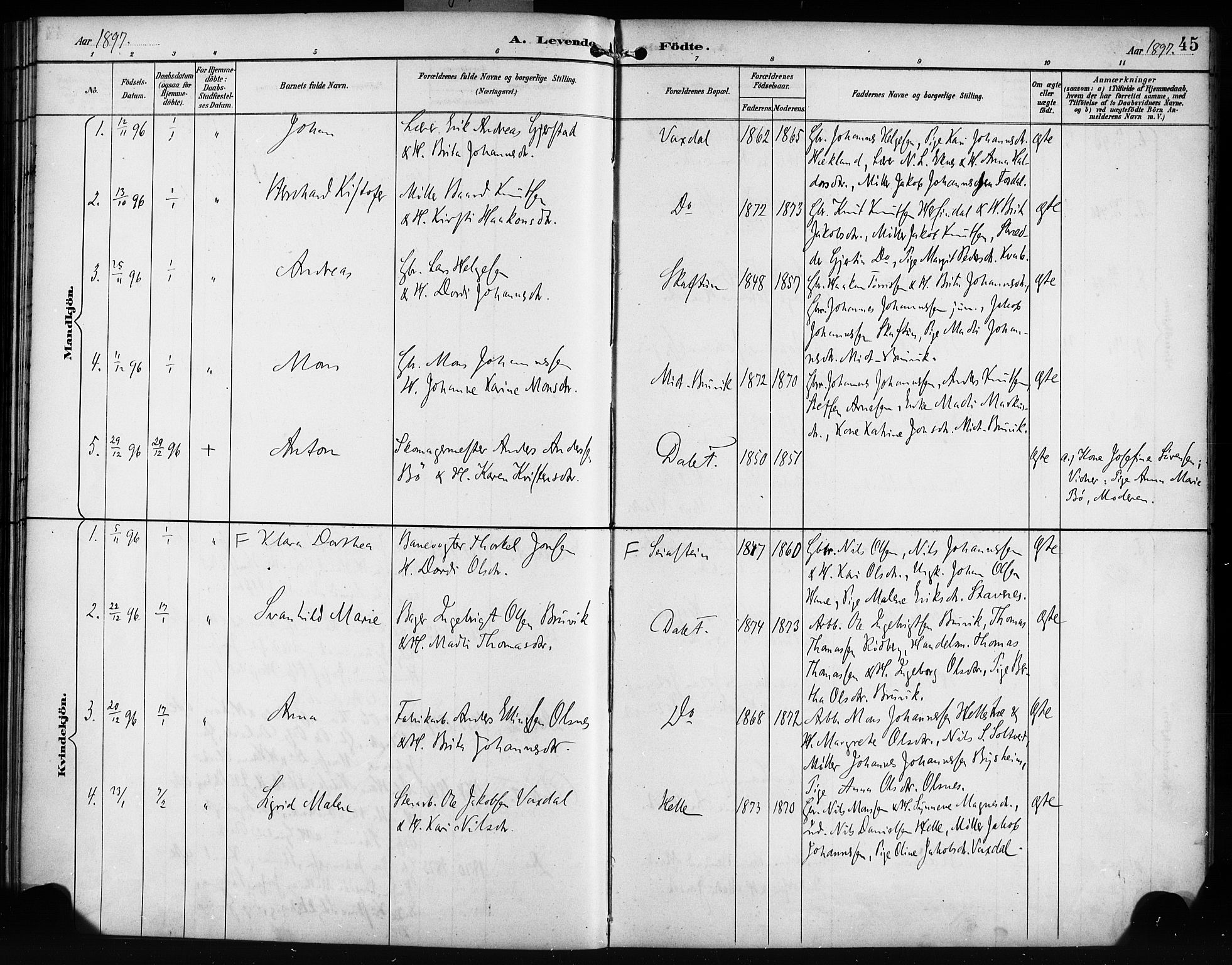 Bruvik Sokneprestembete, AV/SAB-A-74701/H/Haa: Parish register (official) no. B 2, 1893-1903, p. 45