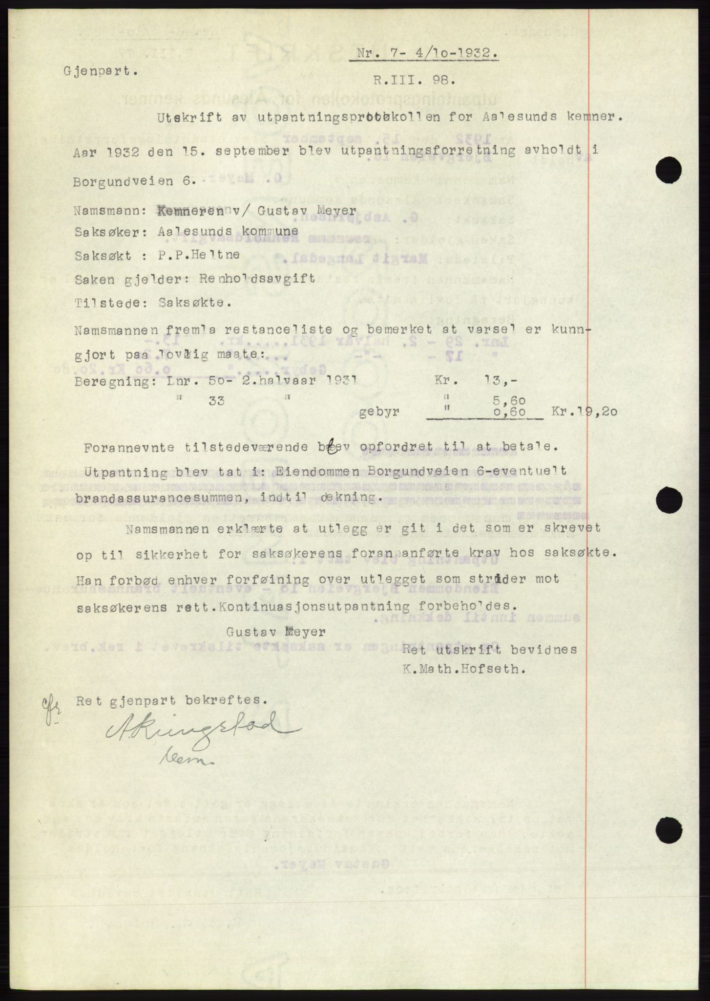 Ålesund byfogd, AV/SAT-A-4384: Mortgage book no. 30, 1932-1933, Deed date: 04.10.1932