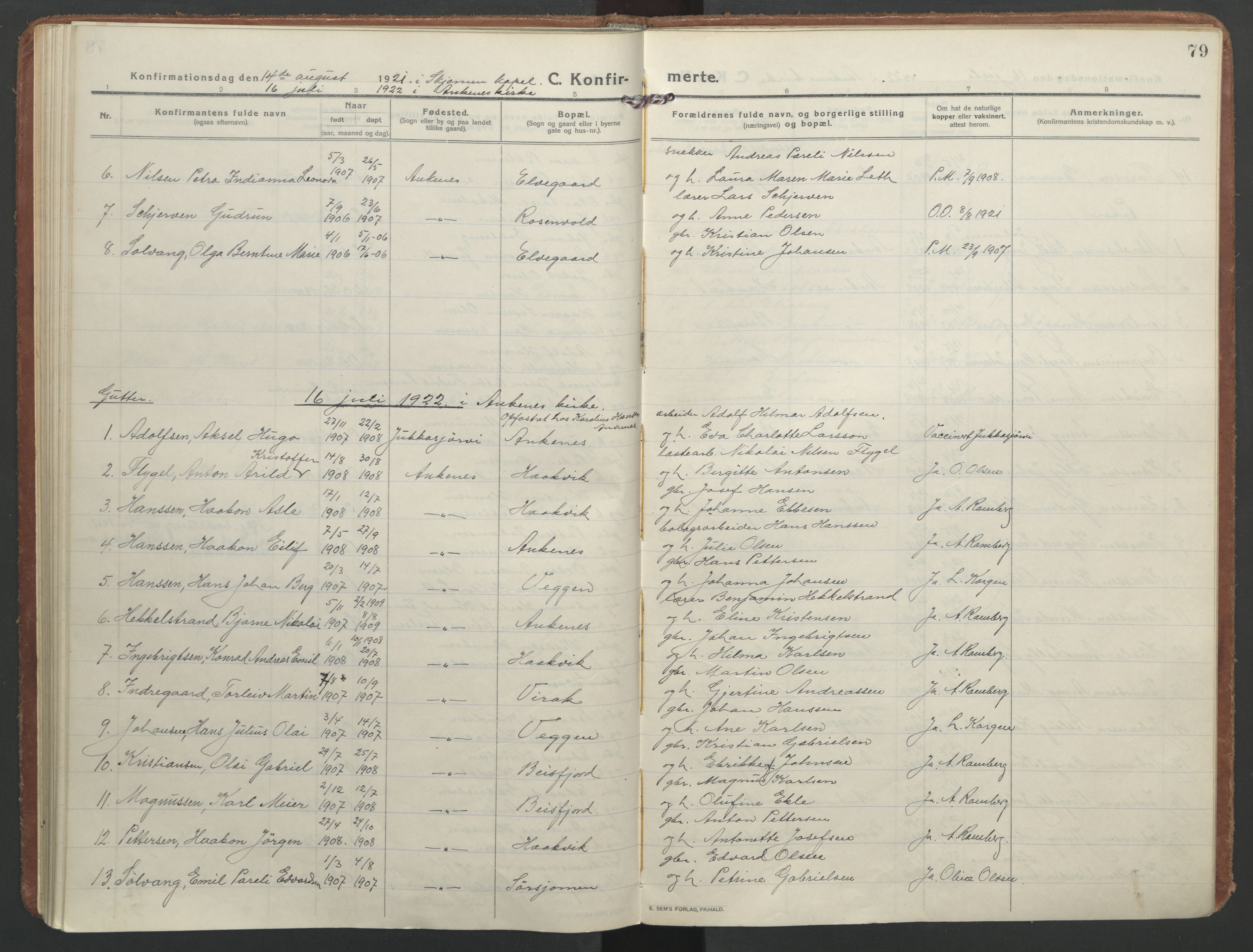 Ministerialprotokoller, klokkerbøker og fødselsregistre - Nordland, AV/SAT-A-1459/866/L0944: Parish register (official) no. 866A07, 1906-1926, p. 79