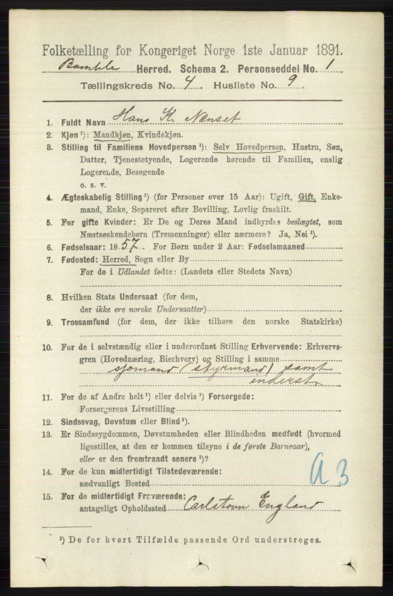 RA, 1891 census for 0814 Bamble, 1891, p. 1857