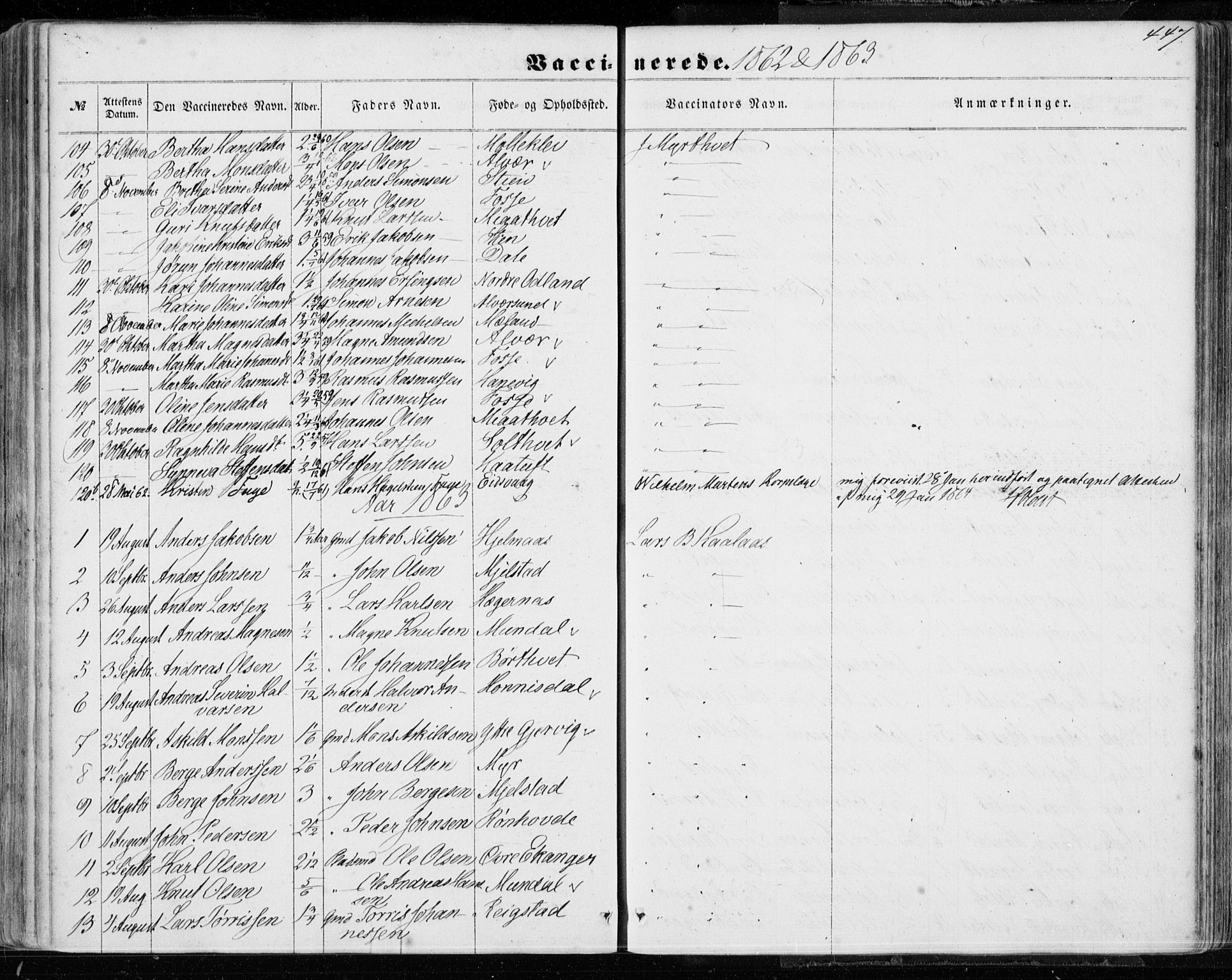 Hamre sokneprestembete, SAB/A-75501/H/Ha/Haa/Haaa/L0014: Parish register (official) no. A 14, 1858-1872, p. 447