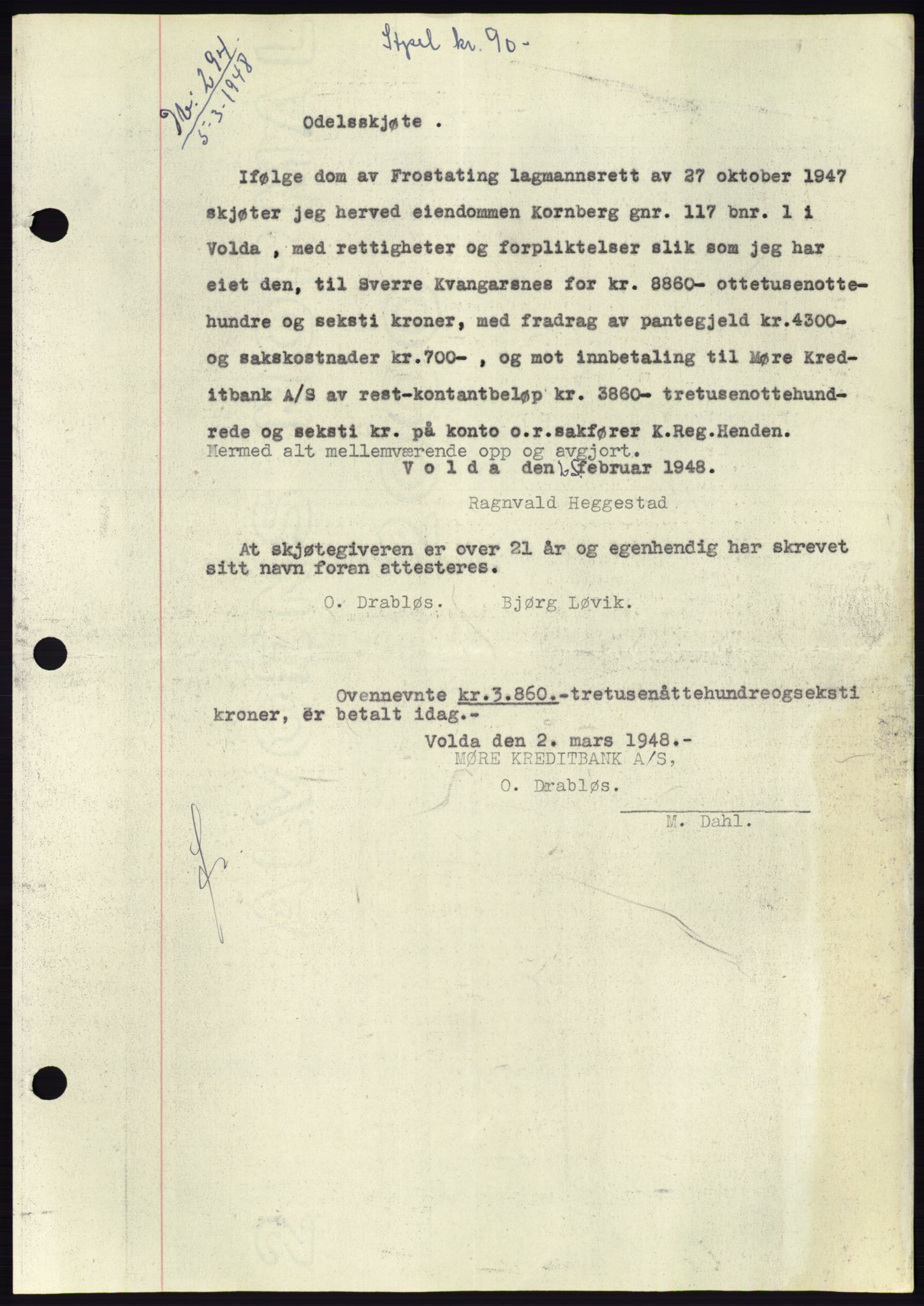 Søre Sunnmøre sorenskriveri, AV/SAT-A-4122/1/2/2C/L0082: Mortgage book no. 8A, 1948-1948, Diary no: : 294/1948