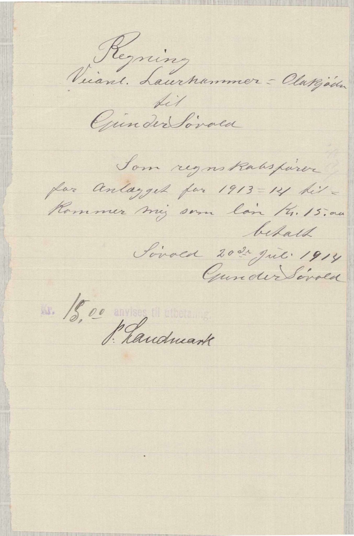 Finnaas kommune. Formannskapet, IKAH/1218a-021/E/Ea/L0001/0004: Rekneskap for veganlegg / Rekneskap for veganlegget Laurhammer - Olakjødn, 1913-1916, p. 35