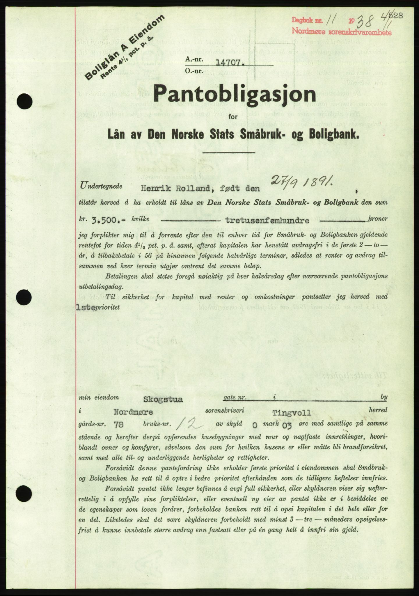 Nordmøre sorenskriveri, AV/SAT-A-4132/1/2/2Ca/L0092: Mortgage book no. B82, 1937-1938, Diary no: : 11/1938