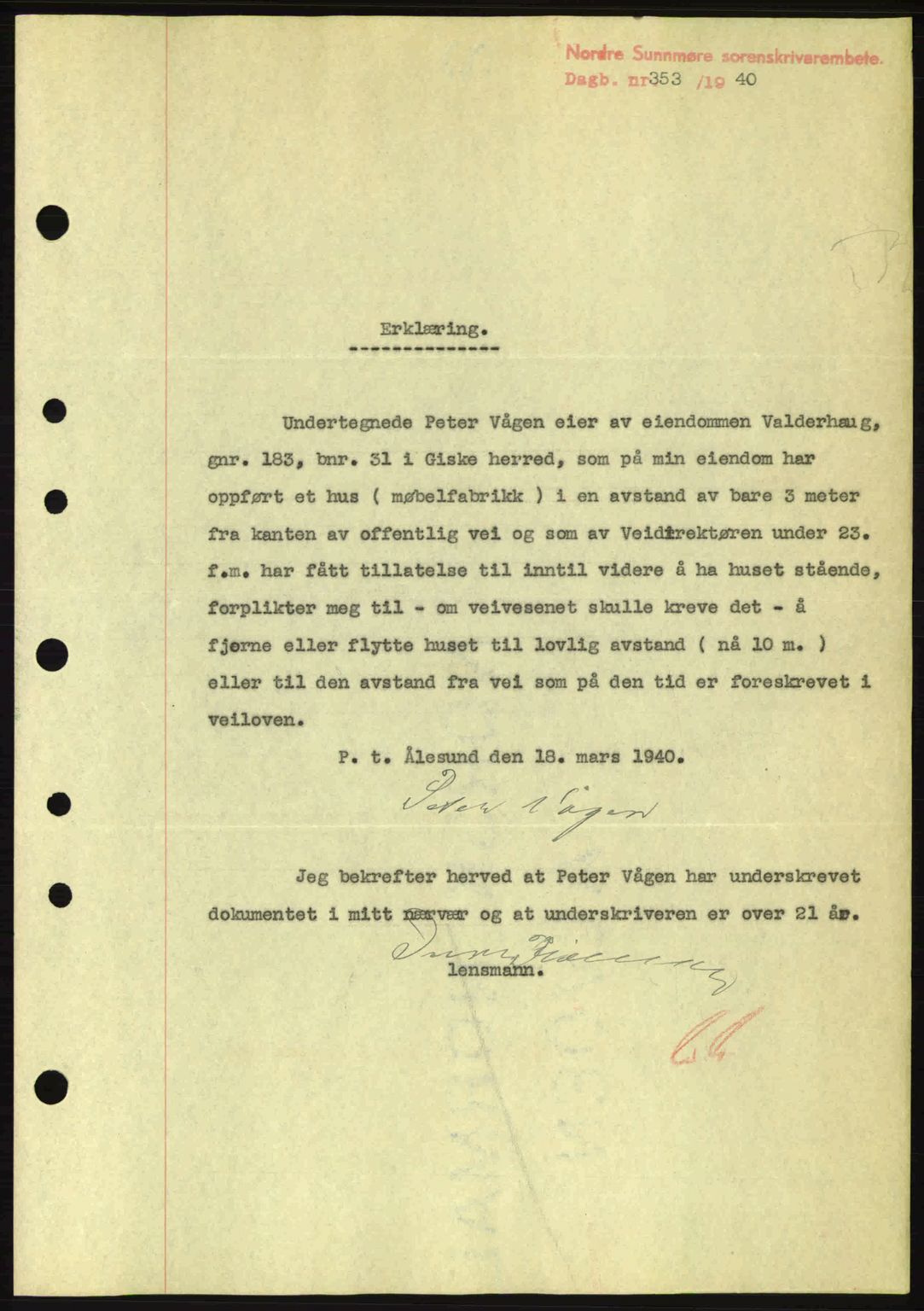 Nordre Sunnmøre sorenskriveri, SAT/A-0006/1/2/2C/2Ca: Mortgage book no. B1-6, 1938-1942, Diary no: : 353/1940