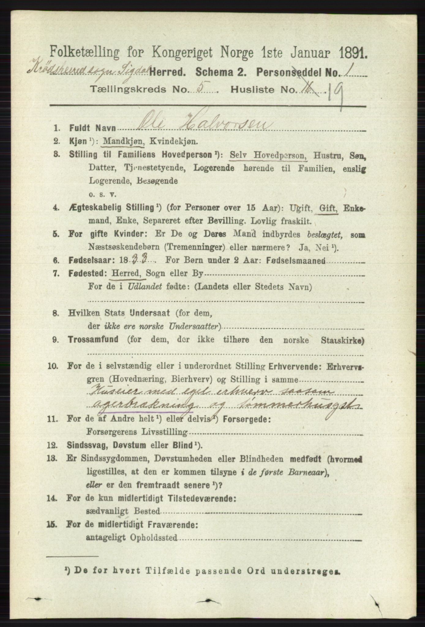 RA, 1891 census for 0621 Sigdal, 1891, p. 6420