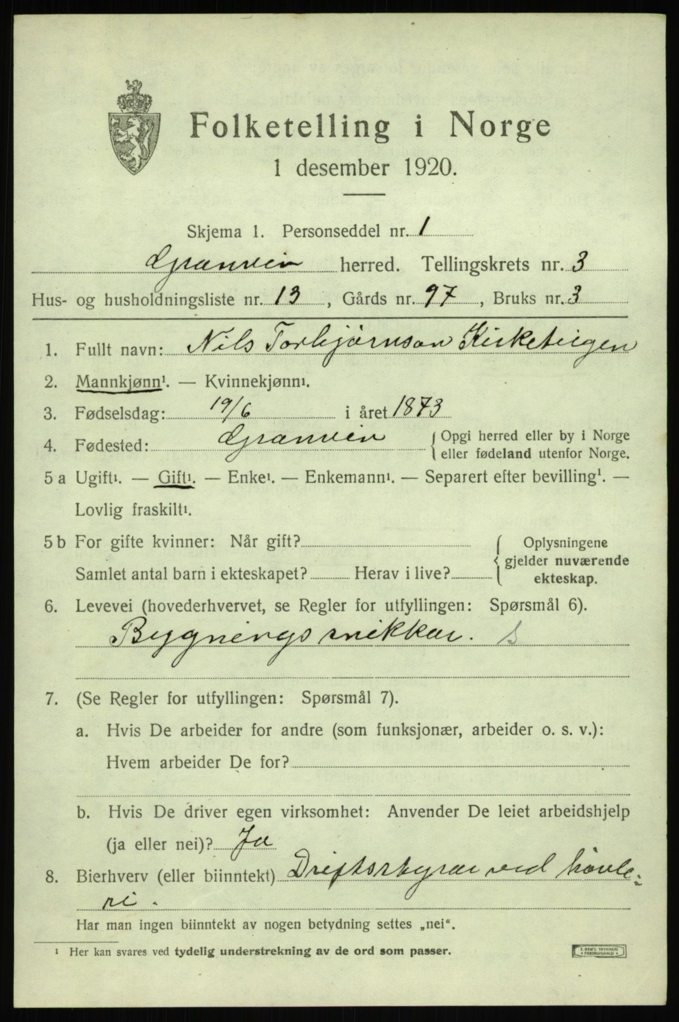 SAB, 1920 census for Granvin, 1920, p. 1286