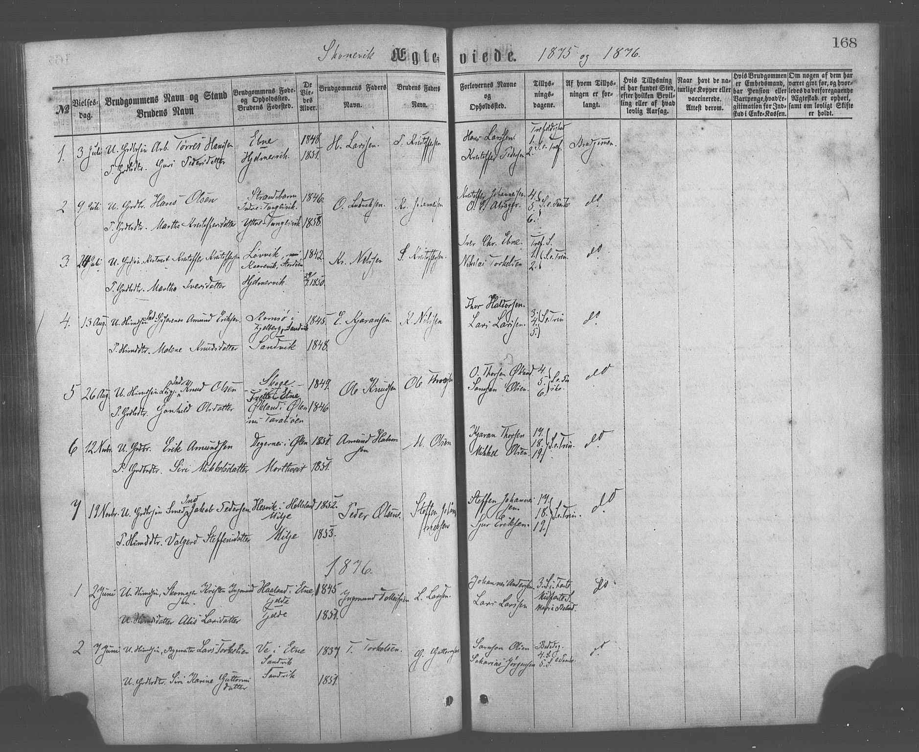 Skånevik sokneprestembete, AV/SAB-A-77801/H/Haa: Parish register (official) no. A 6, 1869-1878, p. 168