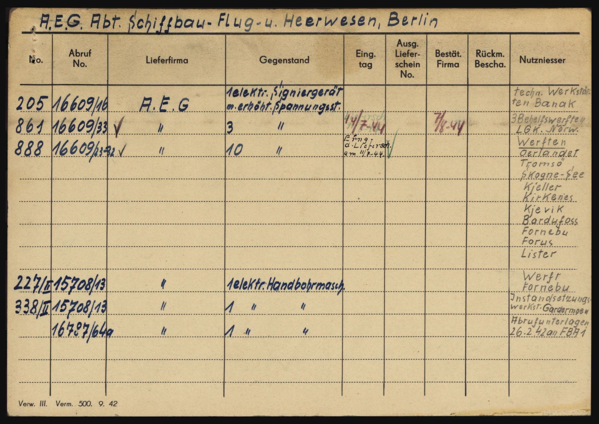 Tyske arkiver, Organisation Todt (OT), Einsatzgruppe Wiking, RA/RAFA-2188/1/O/O12/L0001: Kartotek - Bestandskartei der Nachschublager, 1940-1945, p. 3