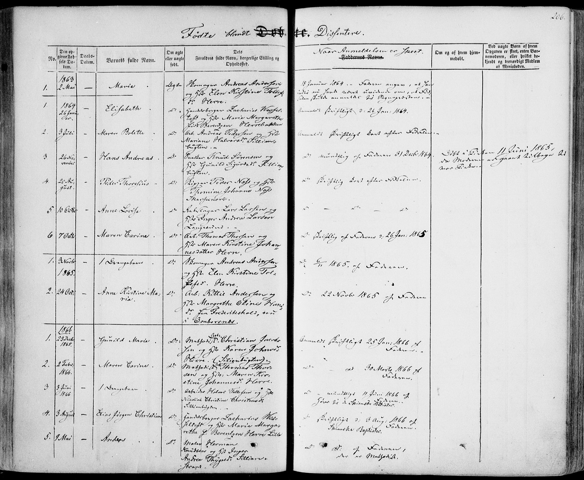 Bamble kirkebøker, SAKO/A-253/F/Fa/L0005: Parish register (official) no. I 5, 1854-1869, p. 206