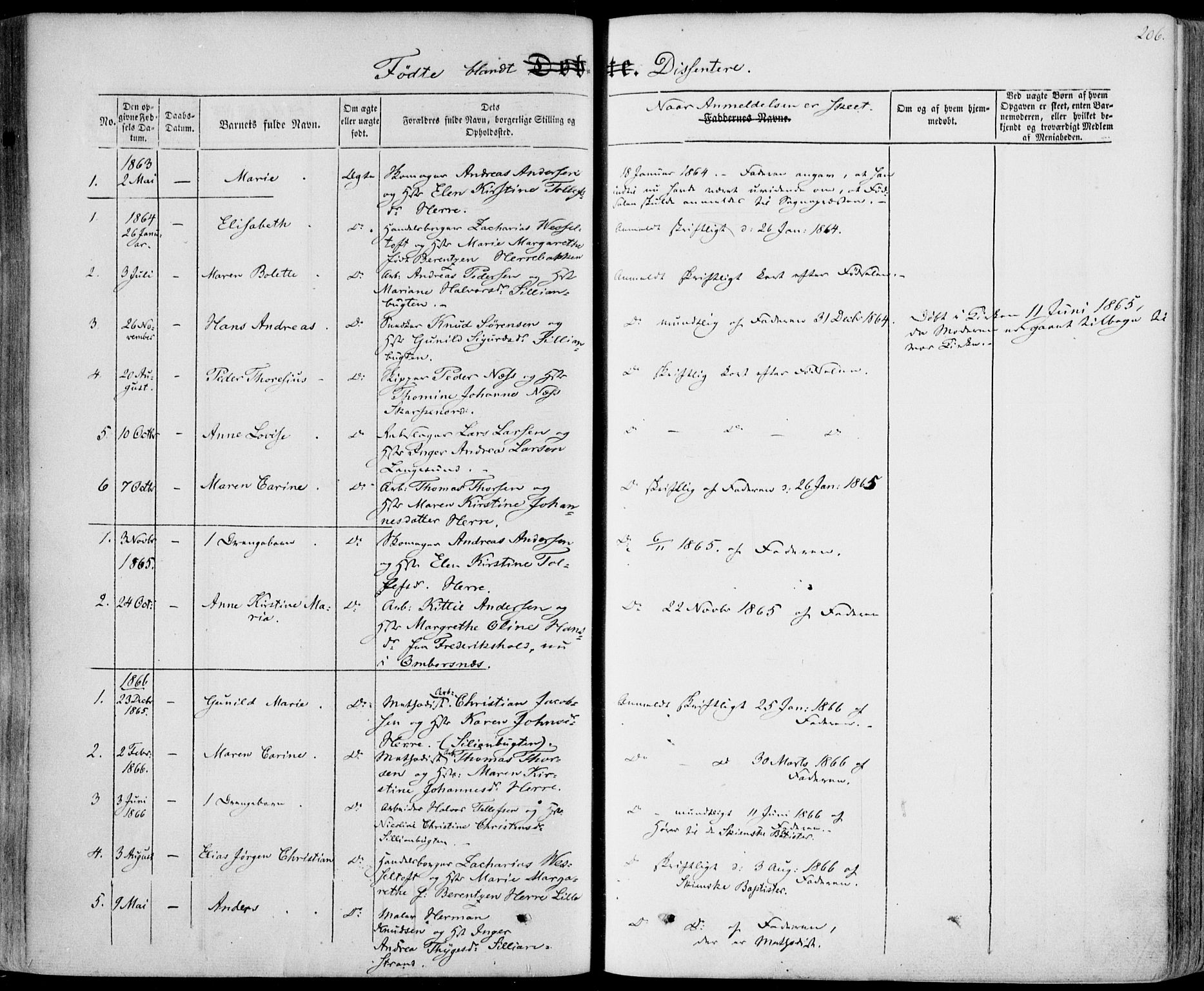 Bamble kirkebøker, AV/SAKO-A-253/F/Fa/L0005: Parish register (official) no. I 5, 1854-1869, p. 206