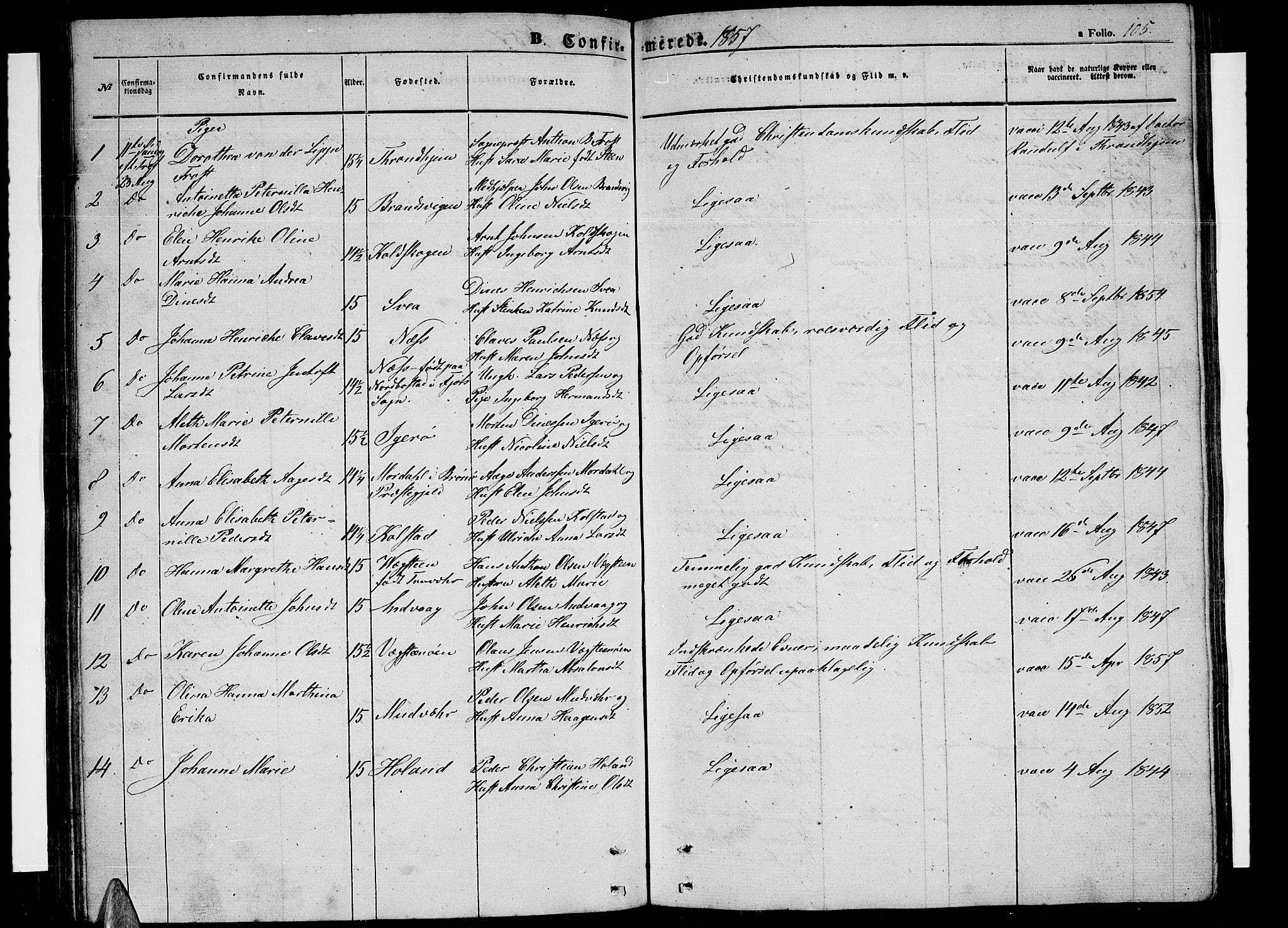 Ministerialprotokoller, klokkerbøker og fødselsregistre - Nordland, AV/SAT-A-1459/816/L0251: Parish register (copy) no. 816C01, 1852-1870, p. 105