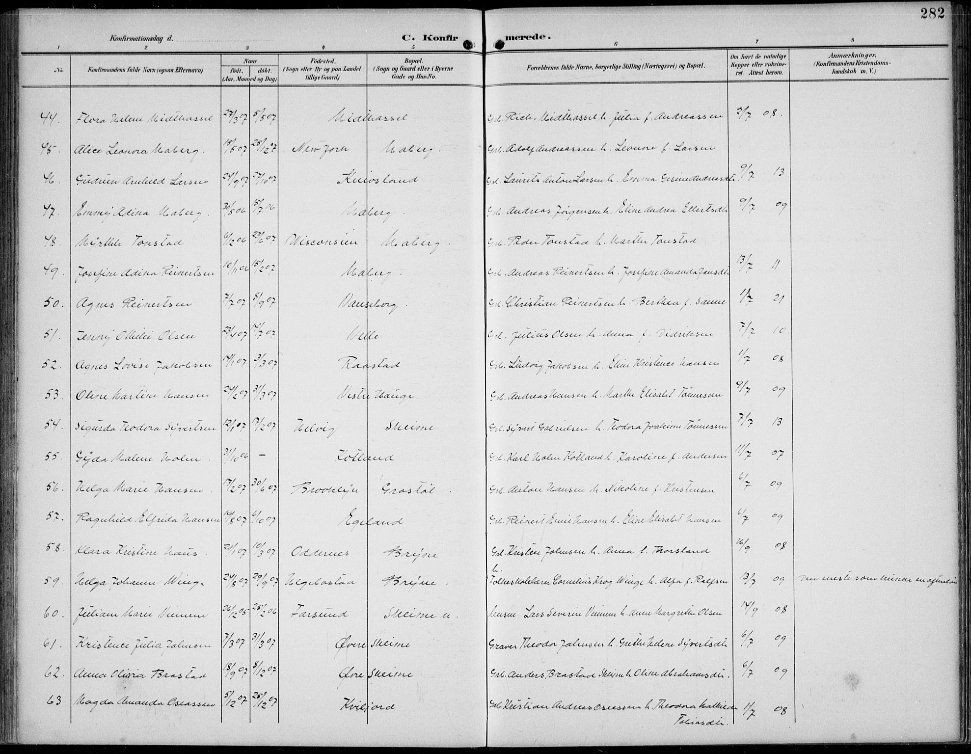 Lista sokneprestkontor, AV/SAK-1111-0027/F/Fb/L0005: Parish register (copy) no. B 5, 1892-1923, p. 282