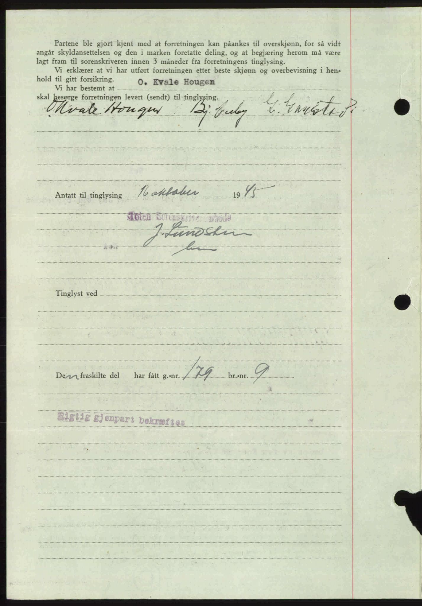 Toten tingrett, SAH/TING-006/H/Hb/Hbc/L0013: Mortgage book no. Hbc-13, 1945-1945, Diary no: : 1401/1945