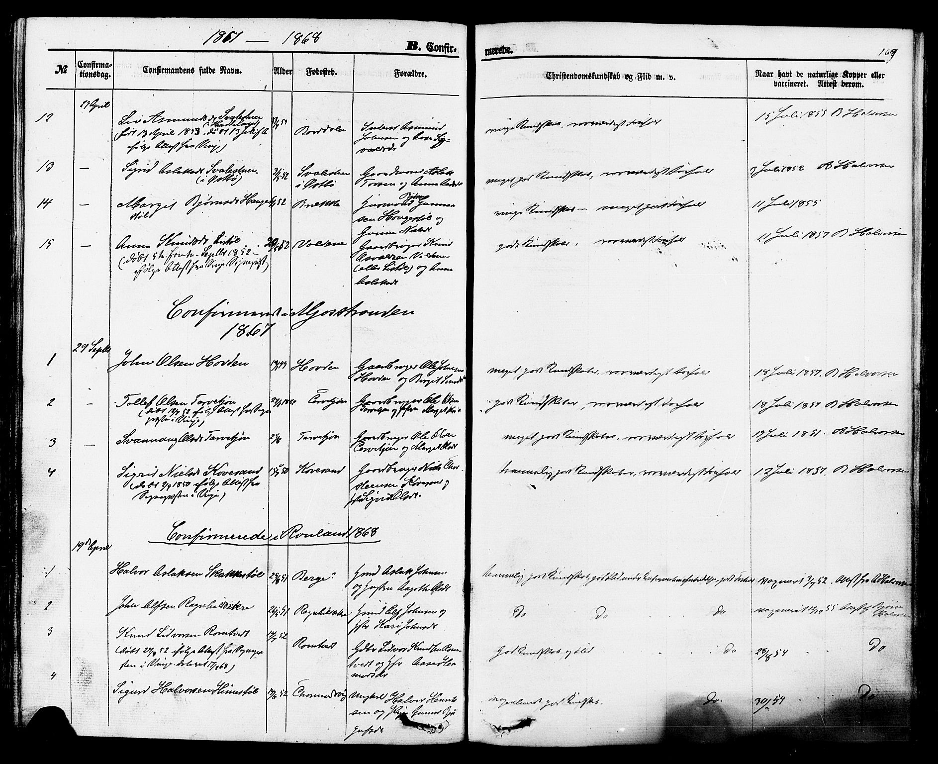 Rauland kirkebøker, SAKO/A-292/F/Fa/L0003: Parish register (official) no. 3, 1859-1886, p. 169