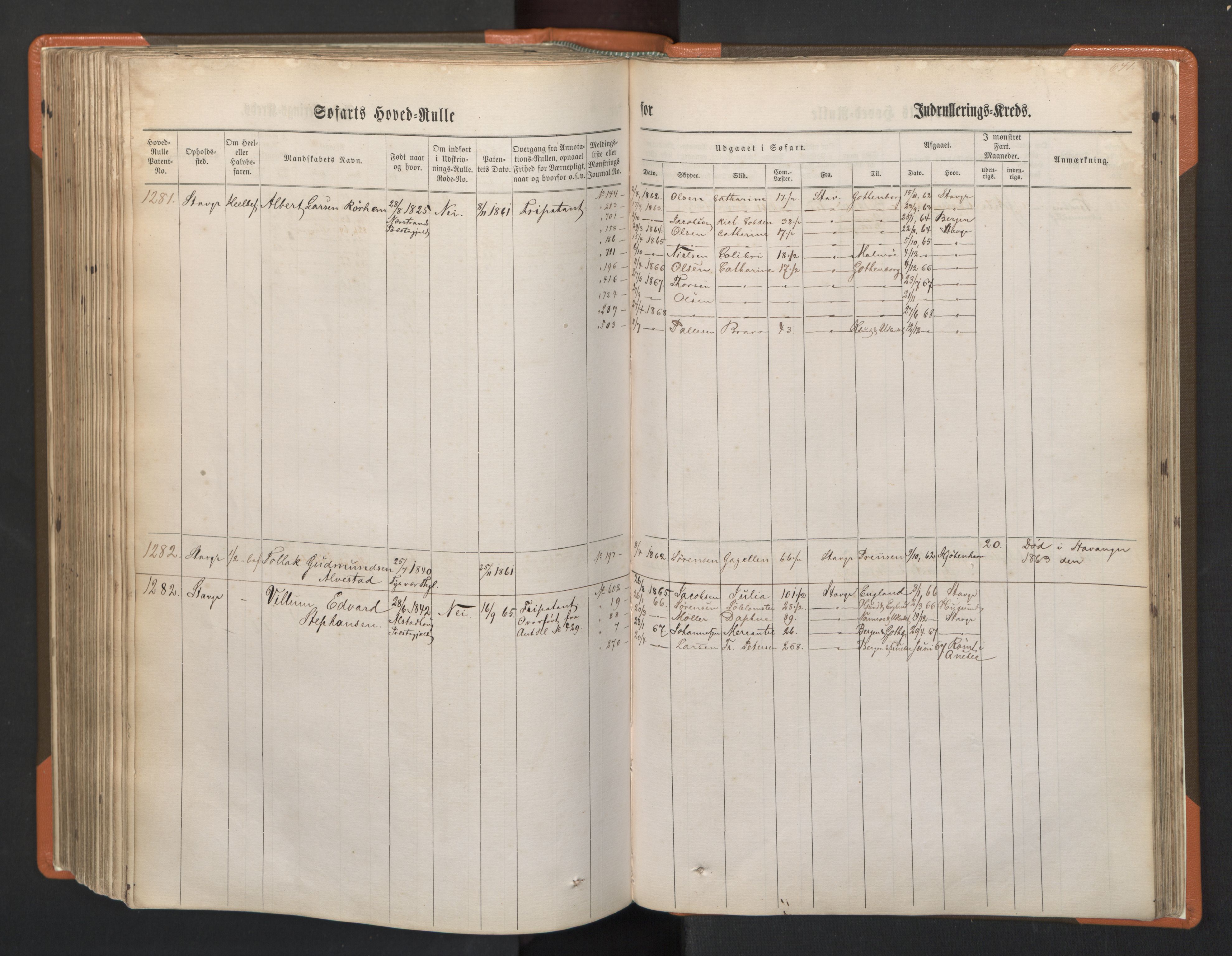 Stavanger sjømannskontor, AV/SAST-A-102006/F/Fb/Fbb/L0002: Sjøfartshovedrulle, patentnr. 721-1450 (del 2), 1863, p. 287