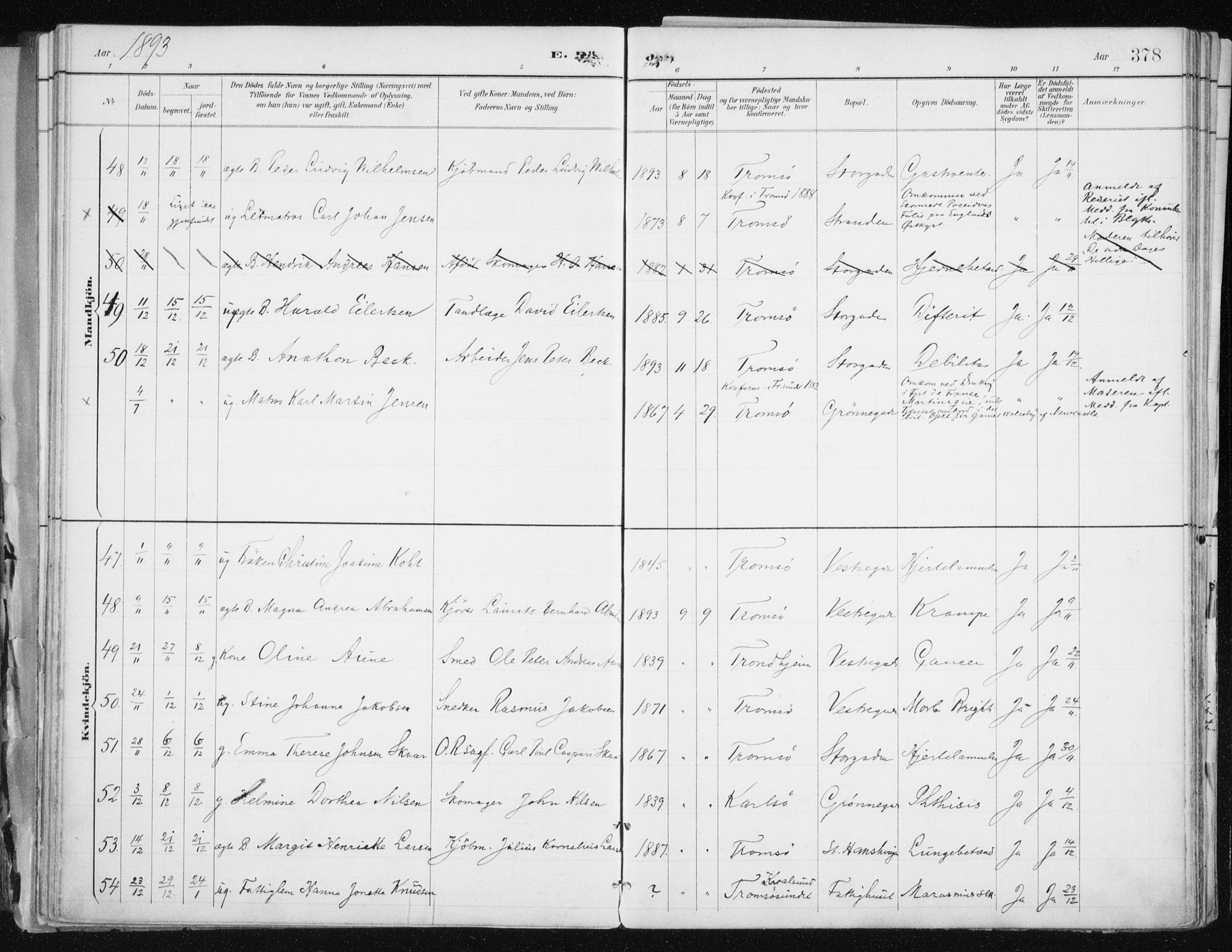 Tromsø sokneprestkontor/stiftsprosti/domprosti, AV/SATØ-S-1343/G/Ga/L0015kirke: Parish register (official) no. 15, 1889-1899, p. 378