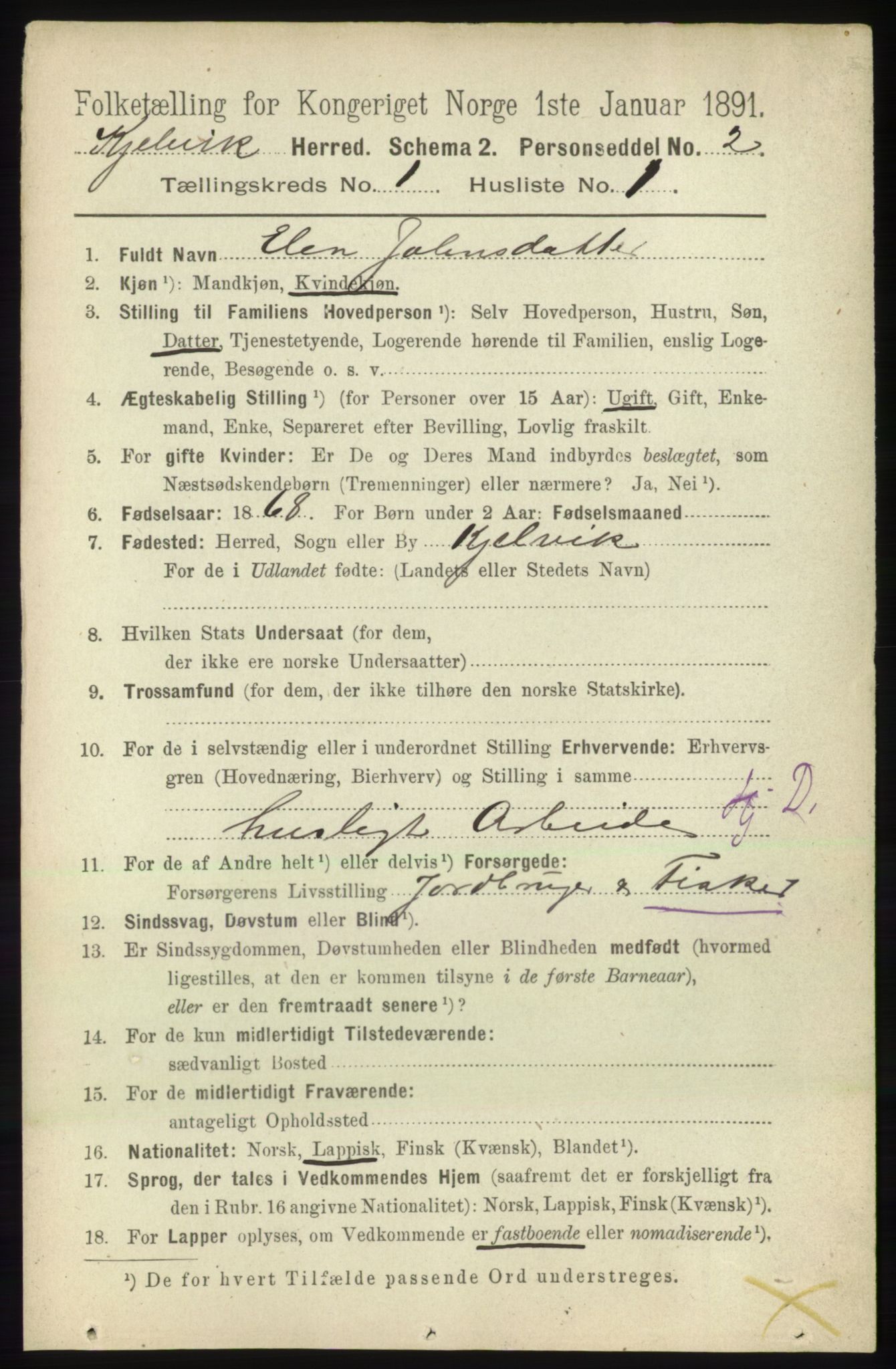 RA, 1891 census for 2019 Kjelvik, 1891, p. 36