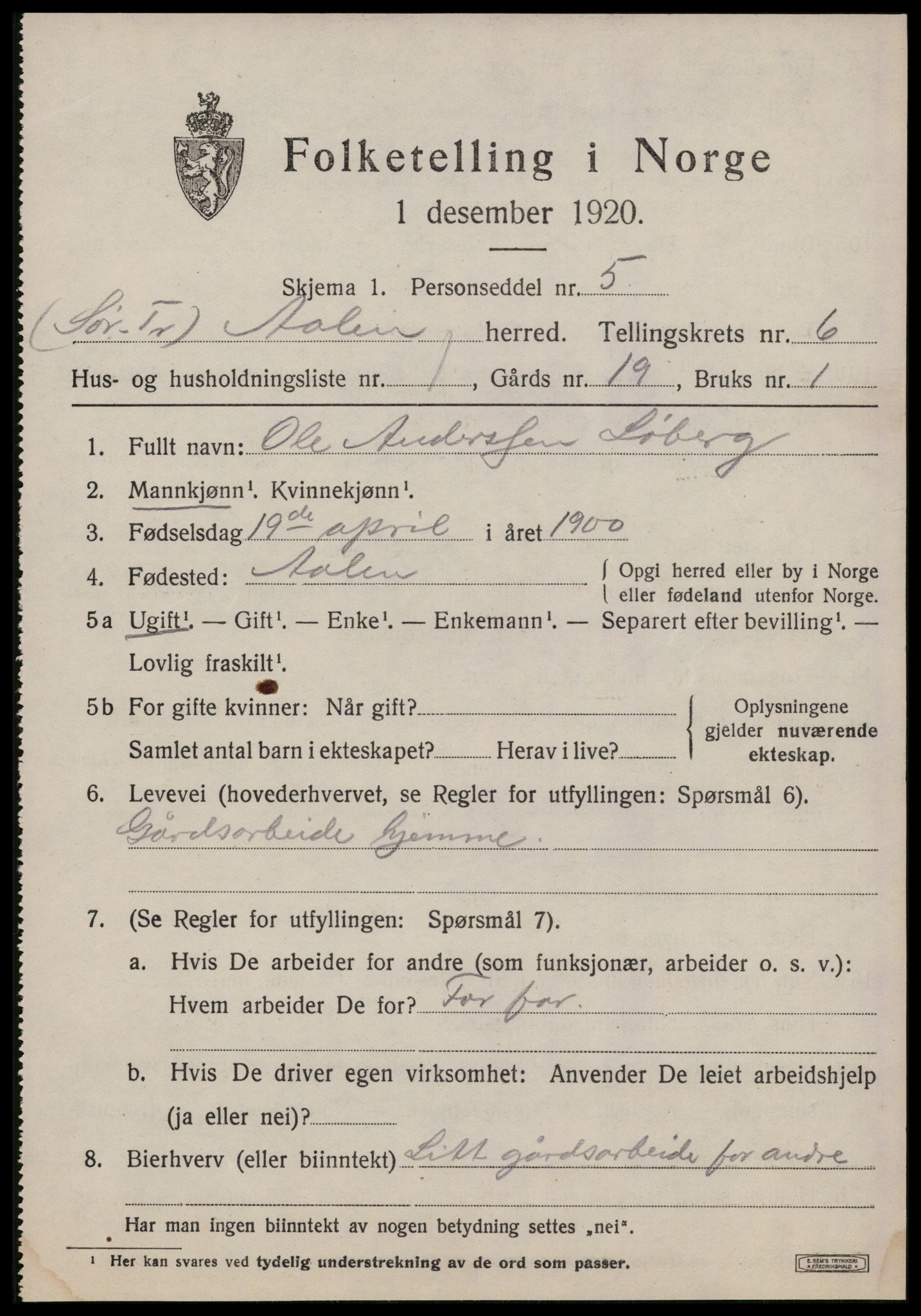 SAT, 1920 census for Ålen, 1920, p. 2924