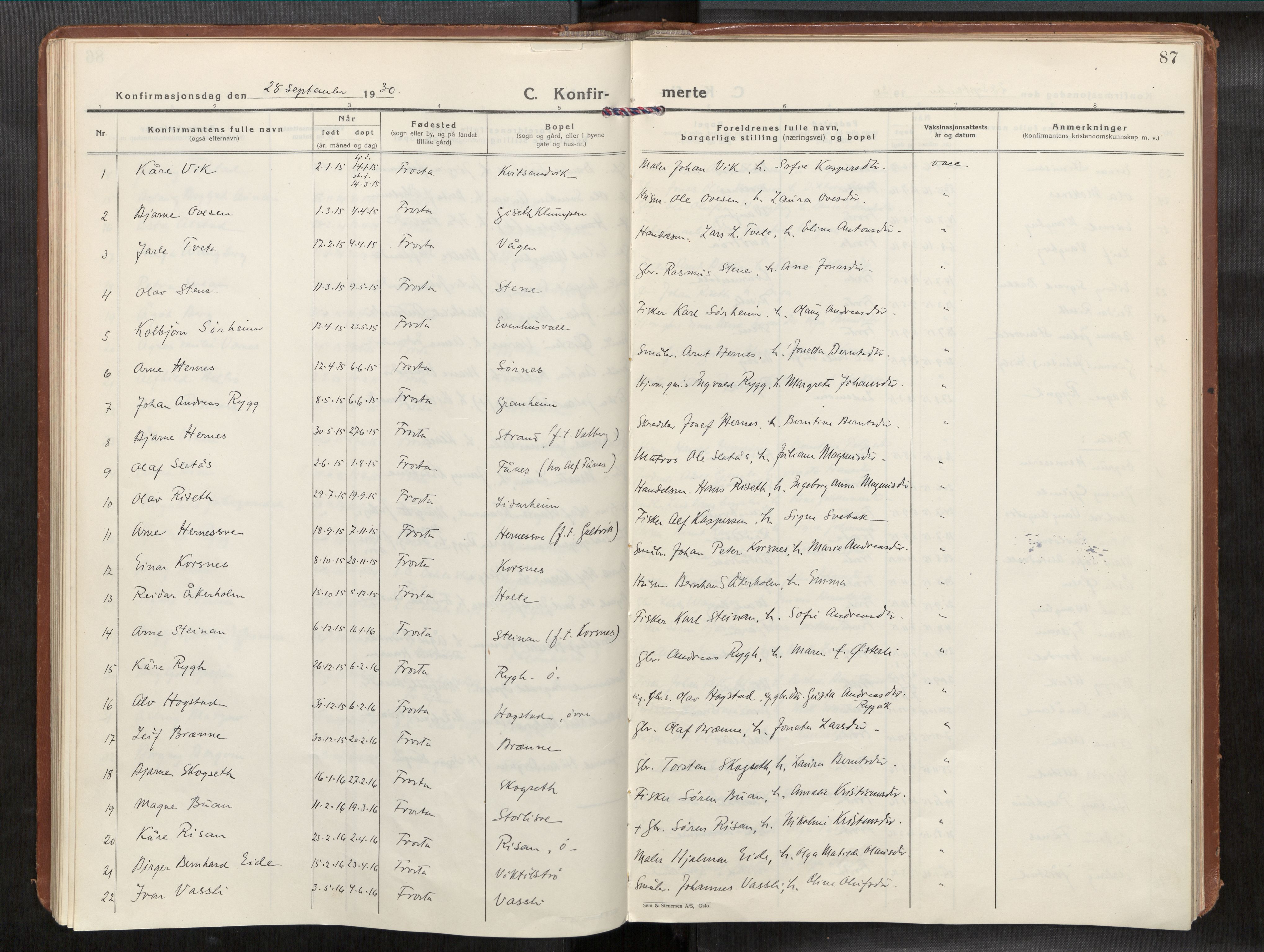 Frosta sokneprestkontor, AV/SAT-A-4380/2/H/Haa/L0001: Parish register (official) no. 1, 1926-1934, p. 87