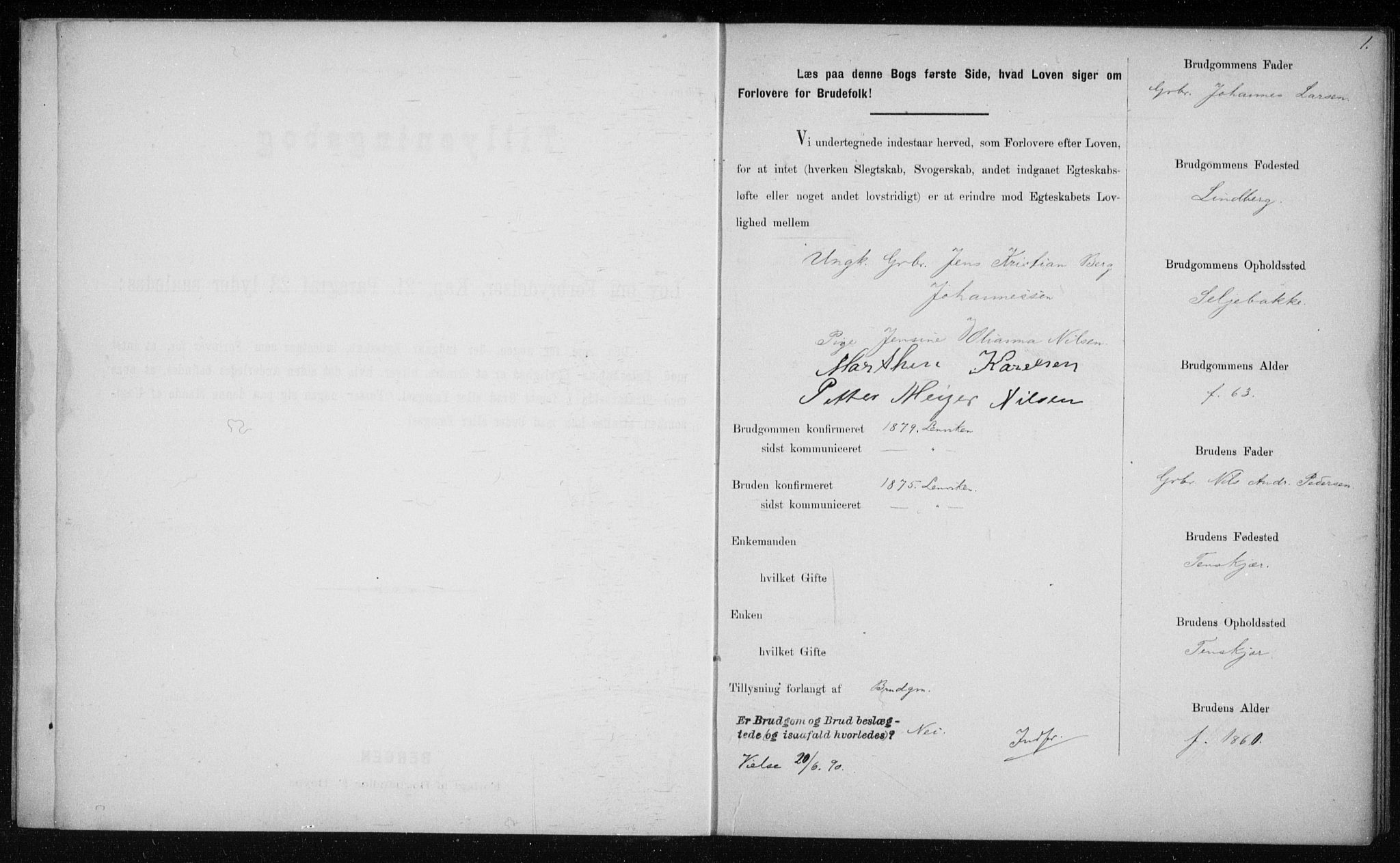 Lenvik sokneprestembete, SATØ/S-1310/I/Ie/L0129: Banns register no. 129, 1890-1895, p. 1