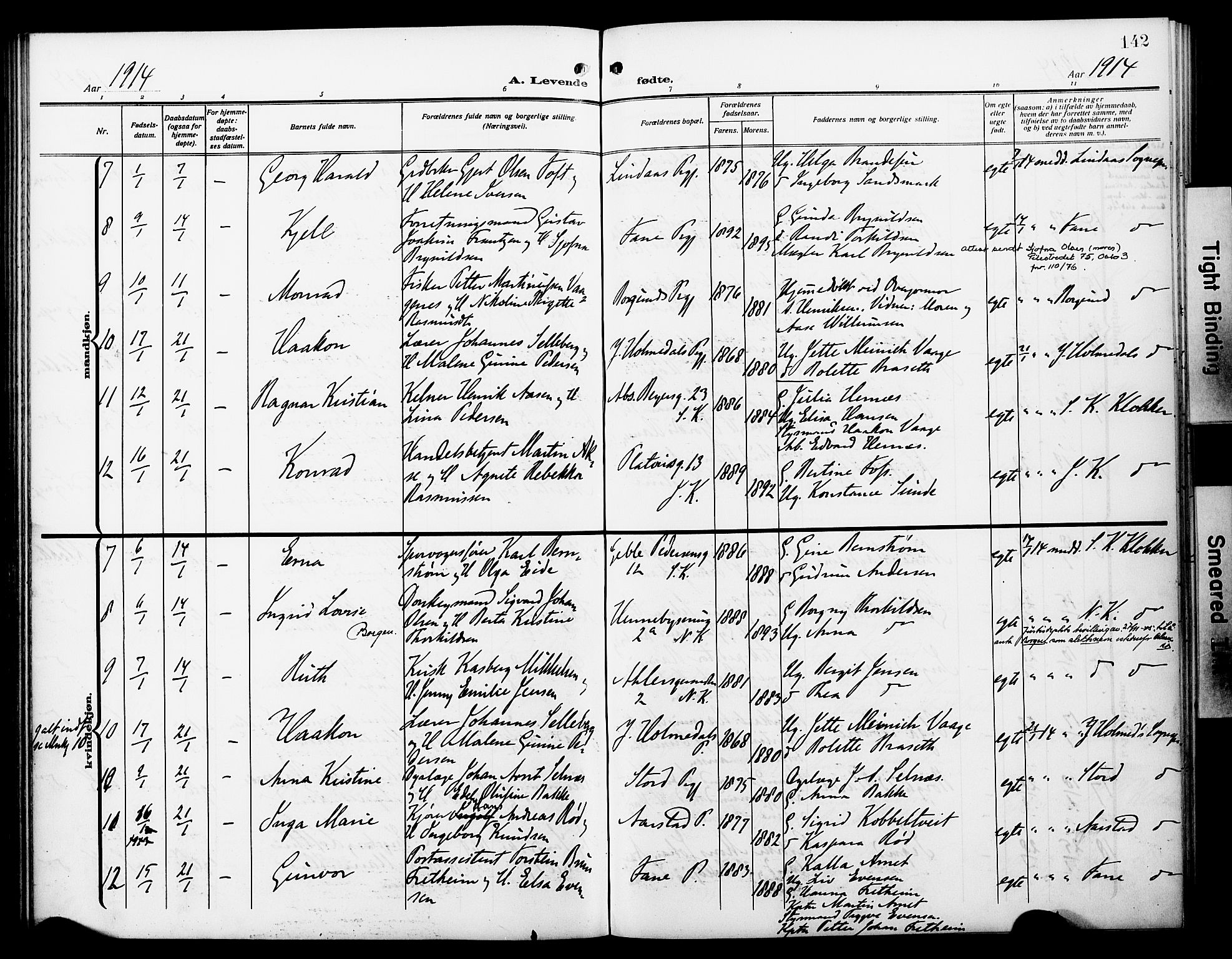 Fødselsstiftelsens sokneprestembete*, SAB/-: Parish register (official) no. A 4, 1910-1918, p. 142