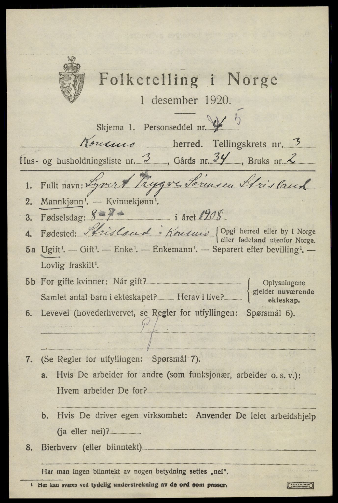 SAK, 1920 census for Konsmo, 1920, p. 1152