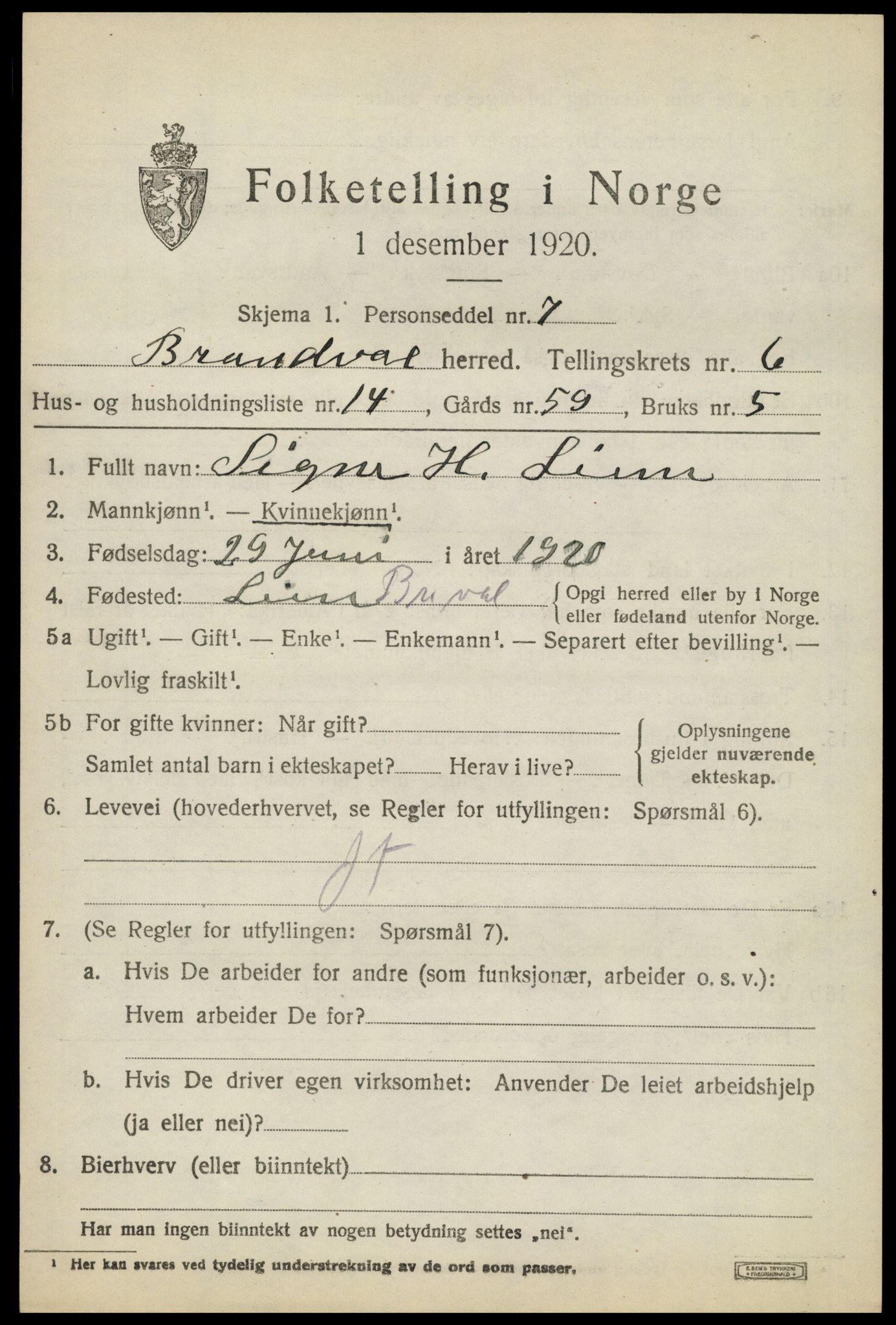SAH, 1920 census for Brandval, 1920, p. 5422