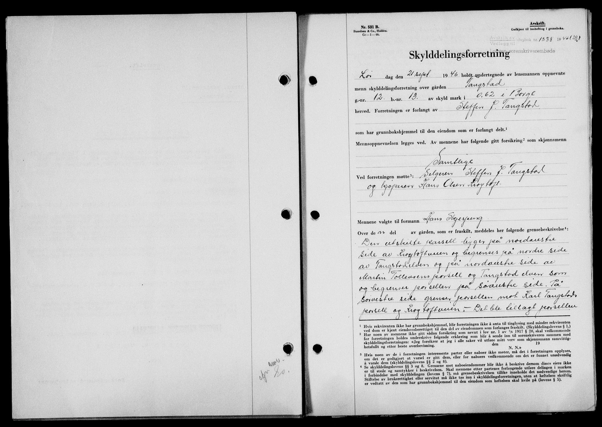 Lofoten sorenskriveri, SAT/A-0017/1/2/2C/L0014a: Mortgage book no. 14a, 1946-1946, Diary no: : 1338/1946