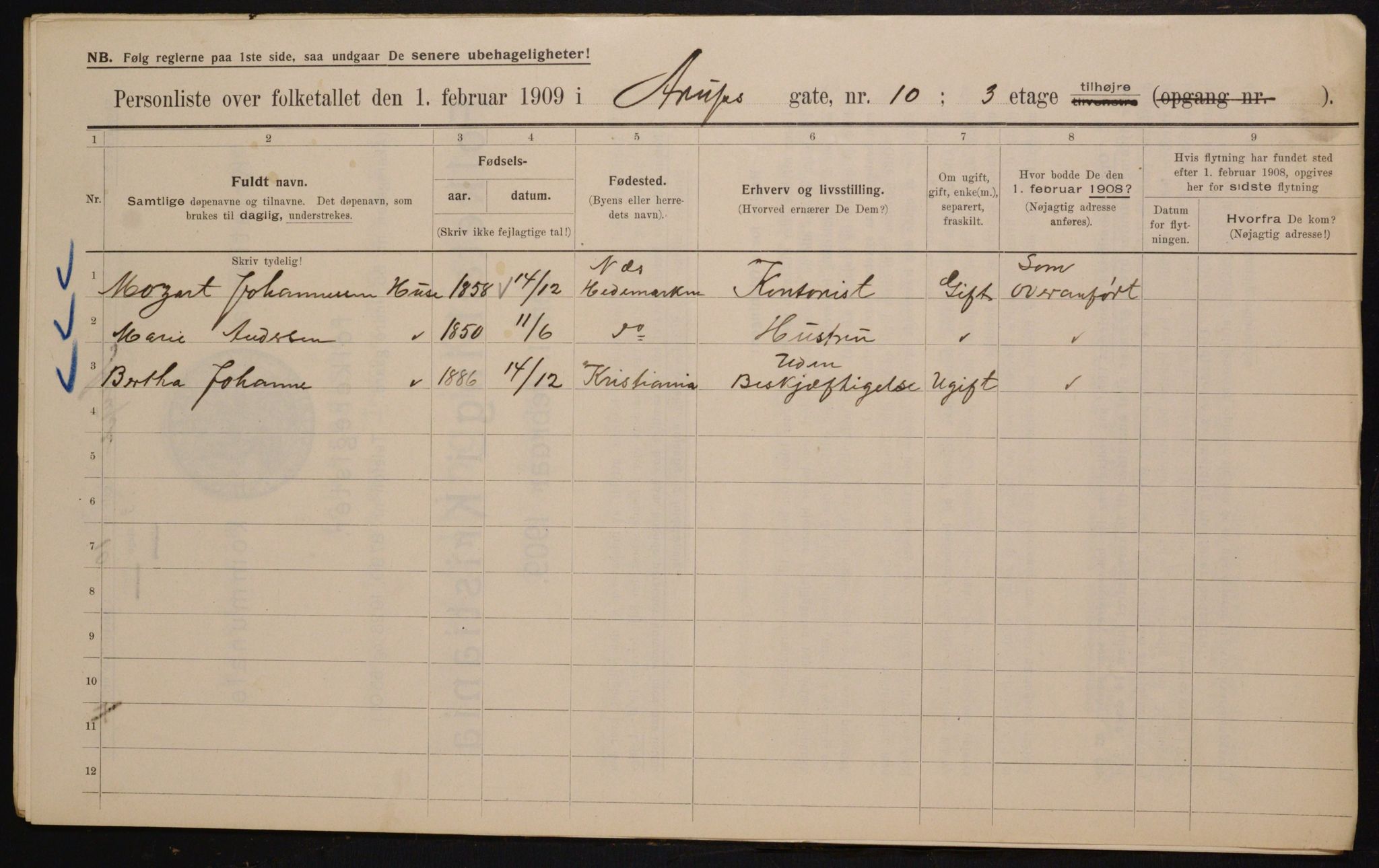 OBA, Municipal Census 1909 for Kristiania, 1909, p. 2111