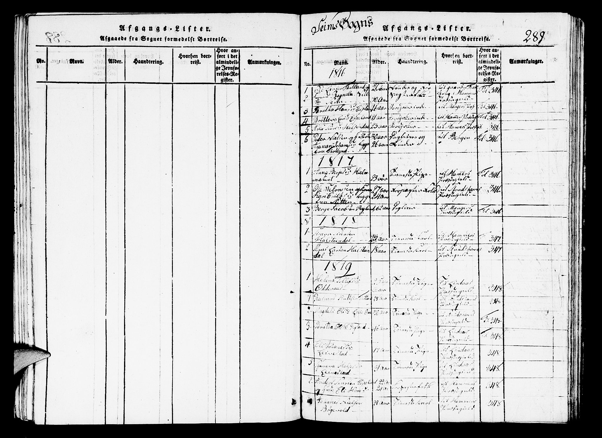 Hosanger sokneprestembete, SAB/A-75801/H/Hab: Parish register (copy) no. A 1 /2, 1816-1825, p. 289