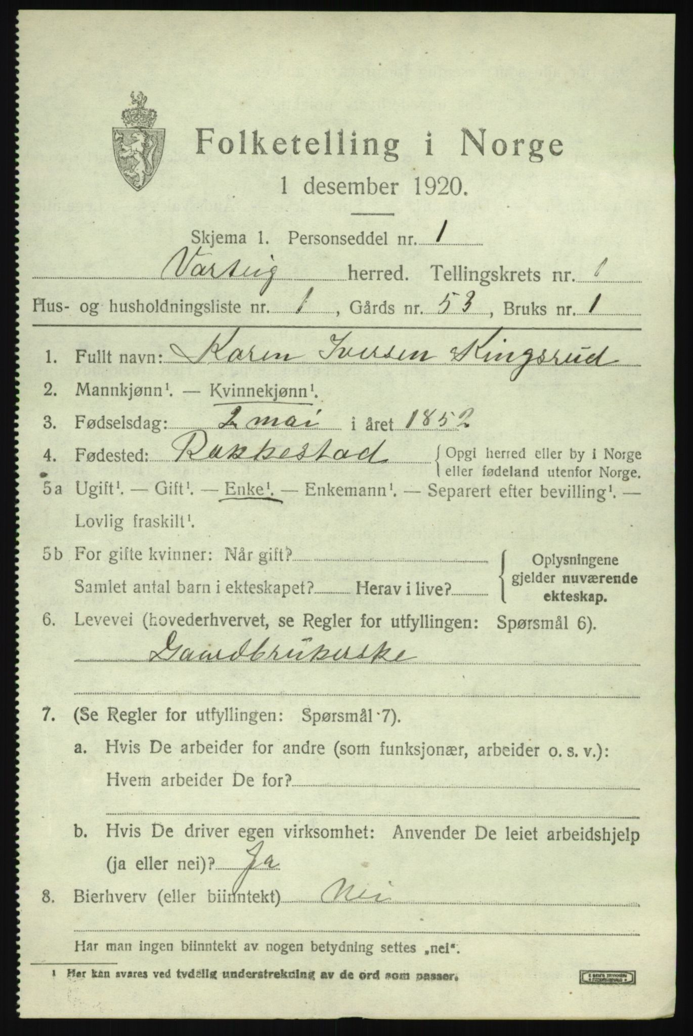 SAO, 1920 census for Varteig, 1920, p. 457