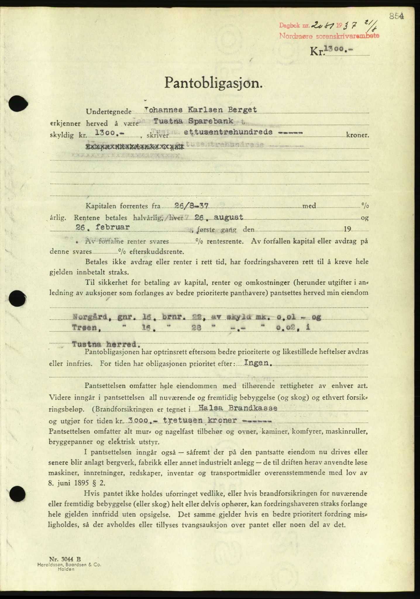 Nordmøre sorenskriveri, AV/SAT-A-4132/1/2/2Ca/L0091: Mortgage book no. B81, 1937-1937, Diary no: : 2081/1937