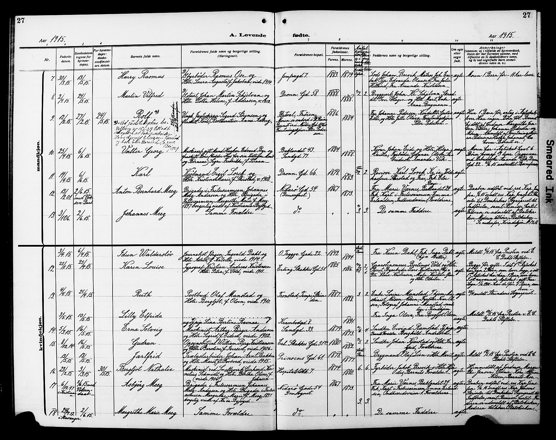 Ministerialprotokoller, klokkerbøker og fødselsregistre - Sør-Trøndelag, SAT/A-1456/602/L0147: Parish register (copy) no. 602C15, 1911-1924, p. 27