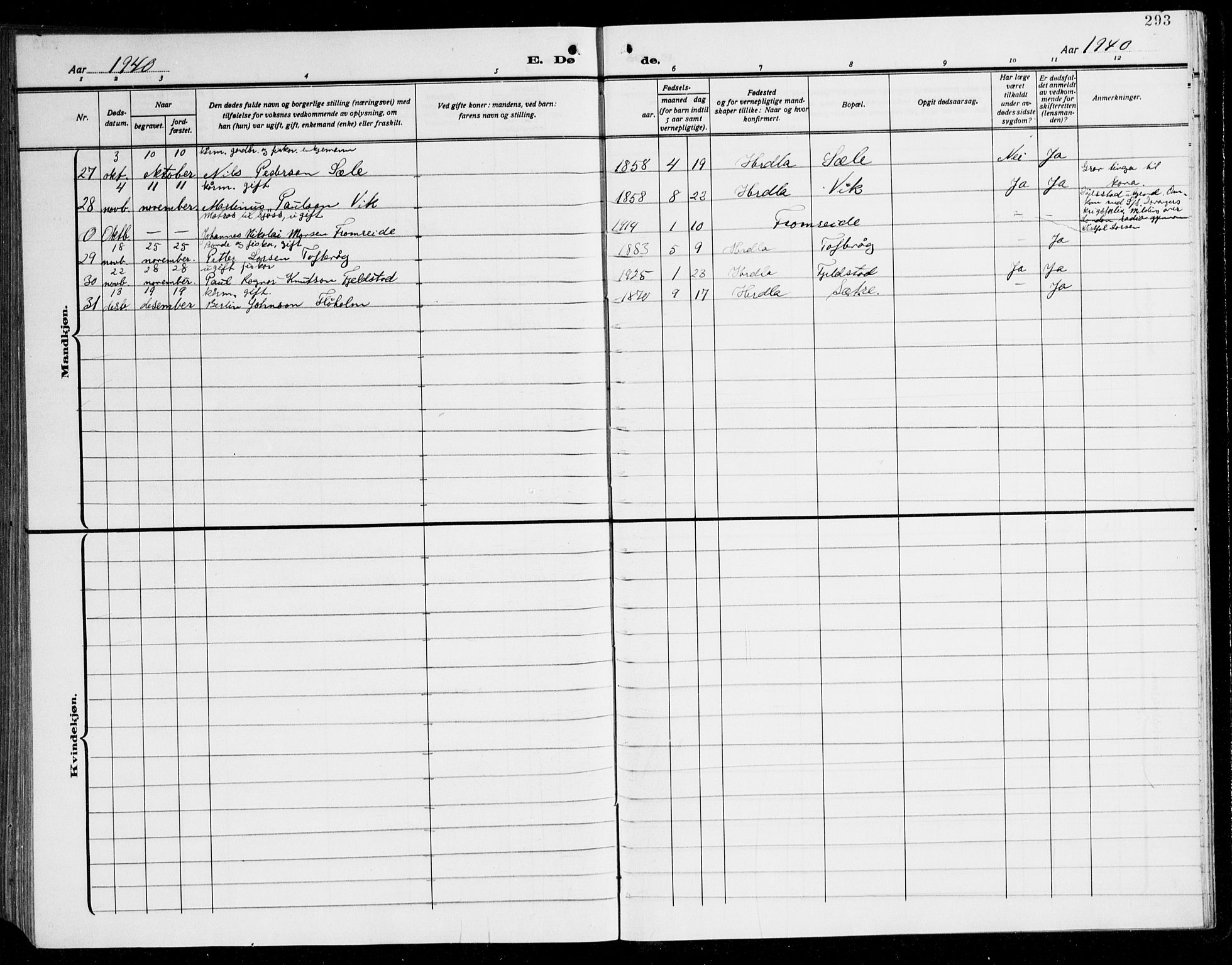 Herdla Sokneprestembete, AV/SAB-A-75701/H/Hab: Parish register (copy) no. C 3, 1926-1940, p. 293