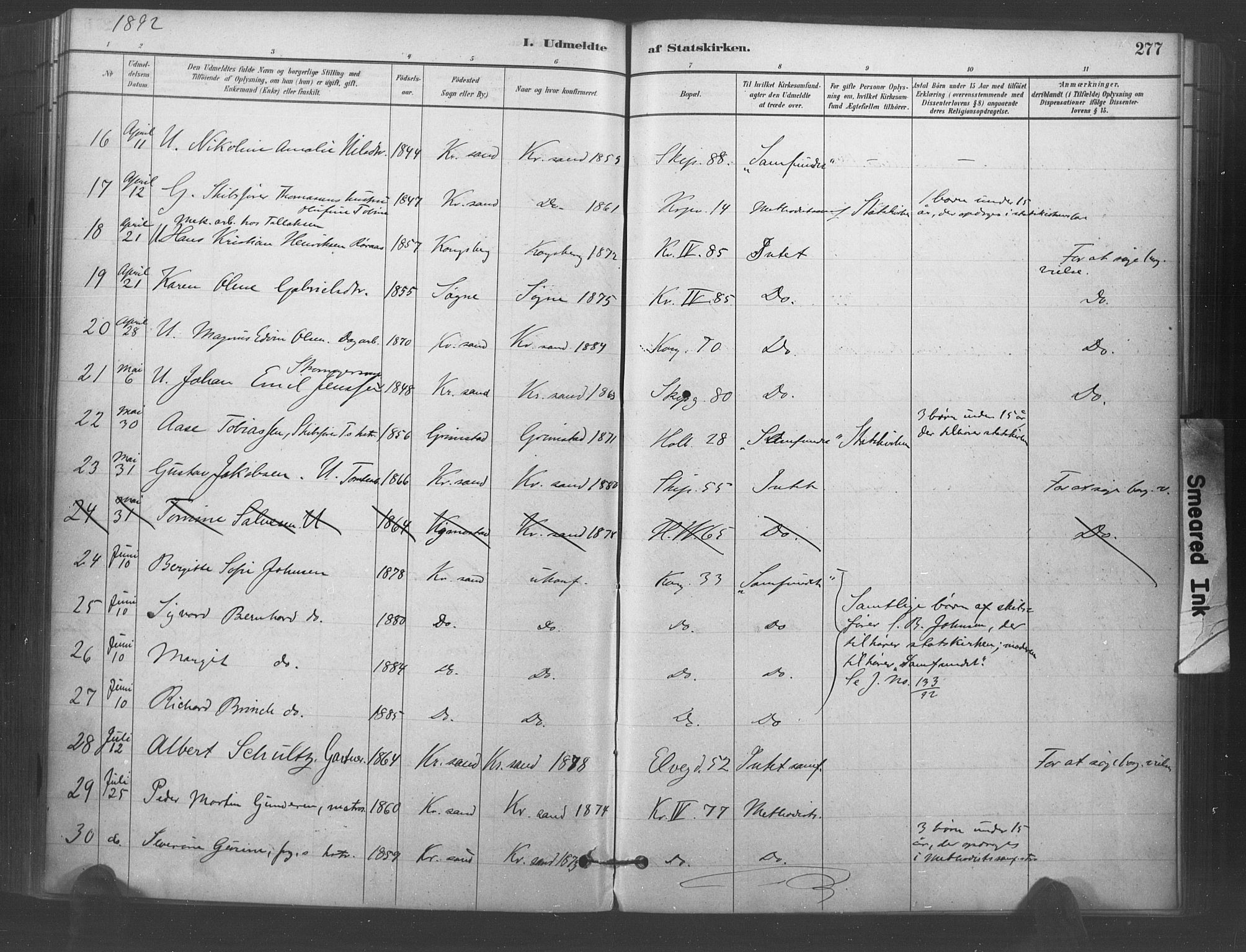 Kristiansand domprosti, AV/SAK-1112-0006/F/Fa/L0018: Parish register (official) no. A 17, 1880-1892, p. 277