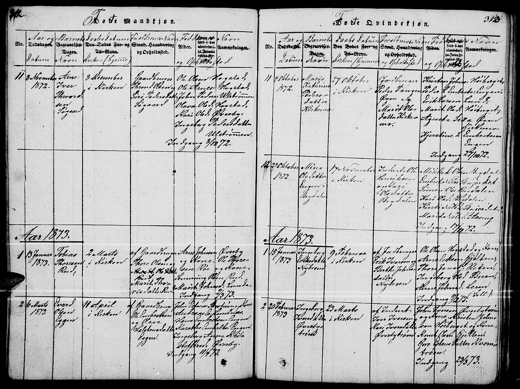 Tynset prestekontor, SAH/PREST-058/H/Ha/Hab/L0004: Parish register (copy) no. 4, 1814-1879, p. 312-313