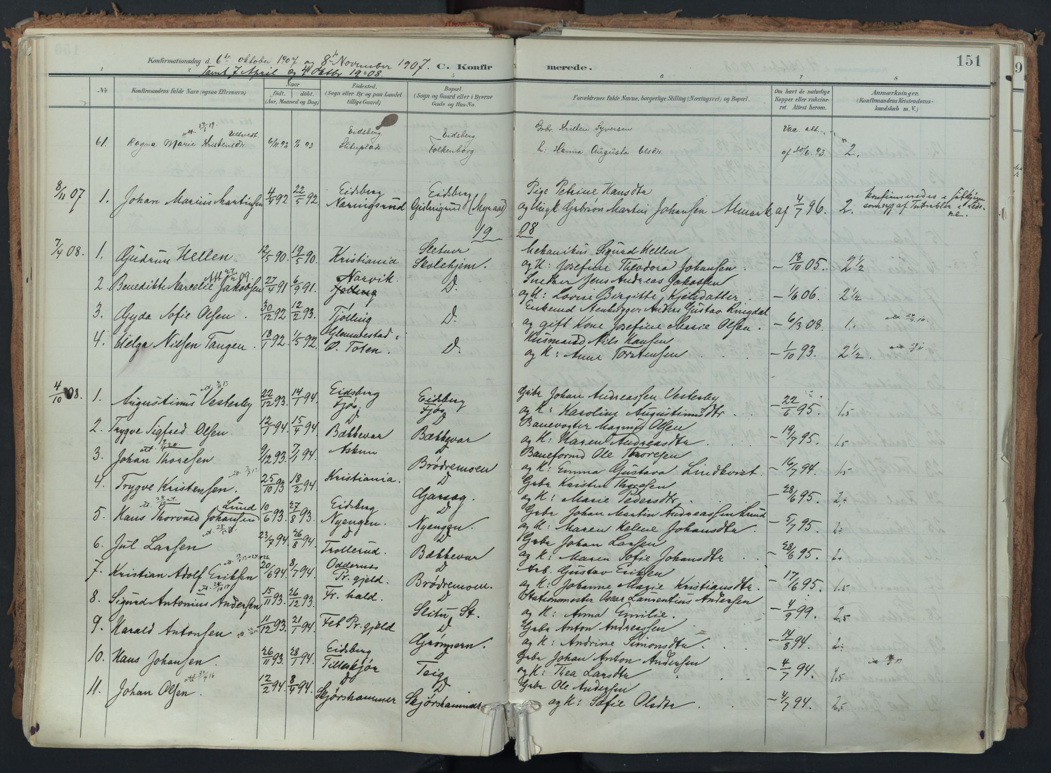 Eidsberg prestekontor Kirkebøker, SAO/A-10905/F/Fa/L0014: Parish register (official) no. I 14, 1902-1919, p. 151