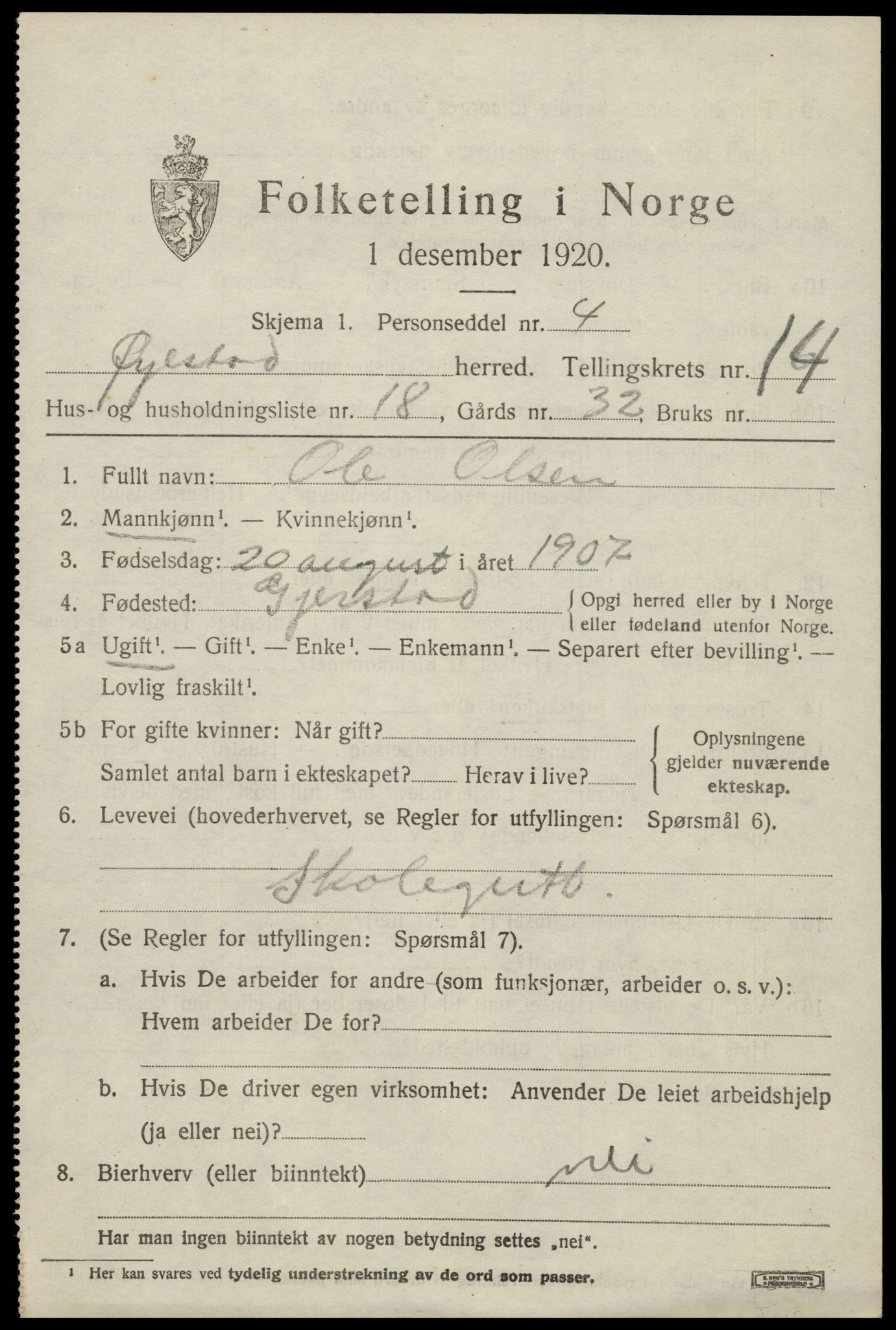 SAK, 1920 census for Øyestad, 1920, p. 9412