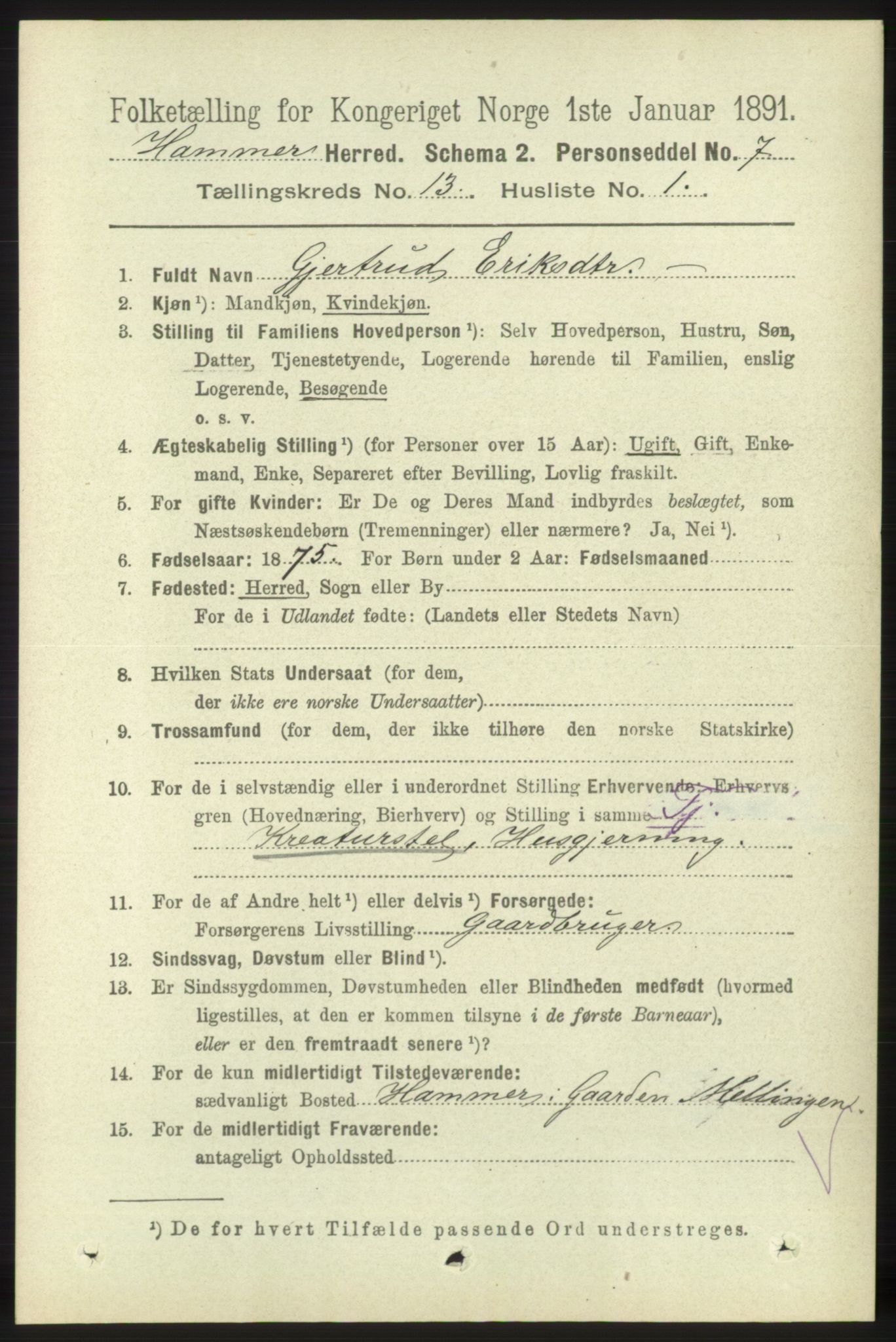 RA, 1891 census for 1254 Hamre, 1891, p. 3999