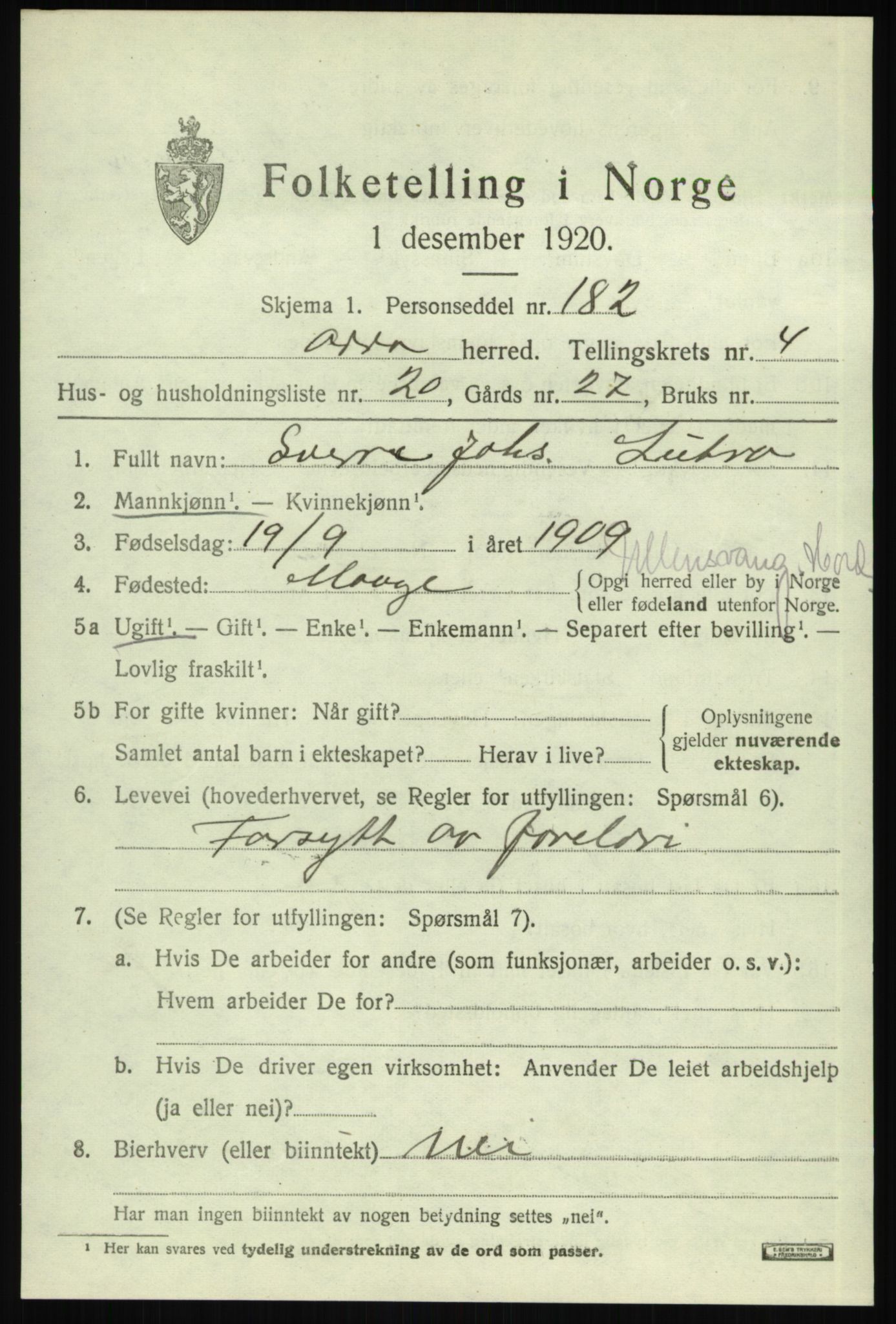 SAB, 1920 census for Odda, 1920, p. 2935